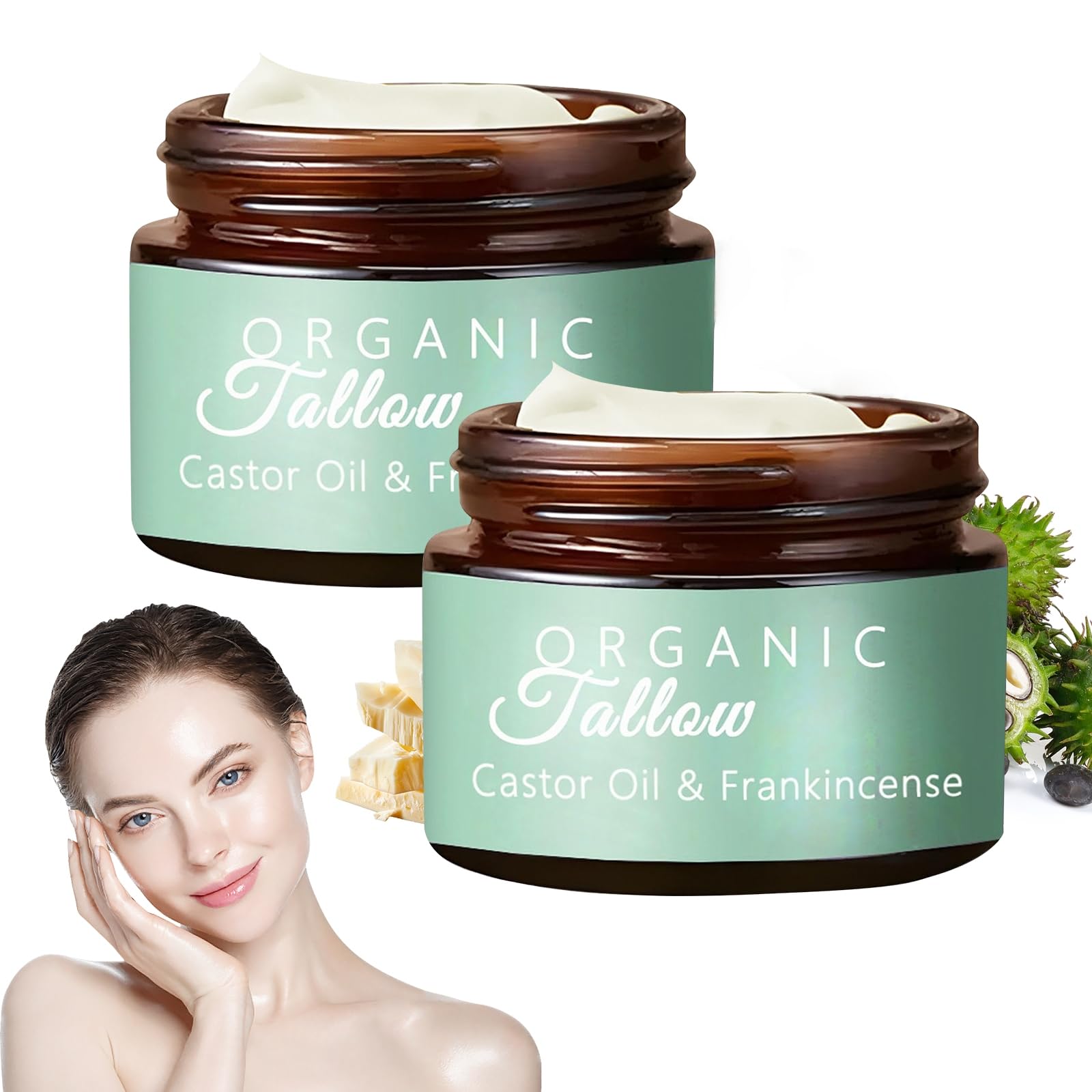 Premium 2PCS Grass-Fed Beef Tallow with Frankincense & Castor Oil - All-Natural Moisturizer for Face & Body | Hydrates Dry Skin, Soothes Irritation | Perfect for Daily Skincare, DIY Beauty & Sensitive Skin Care Routine