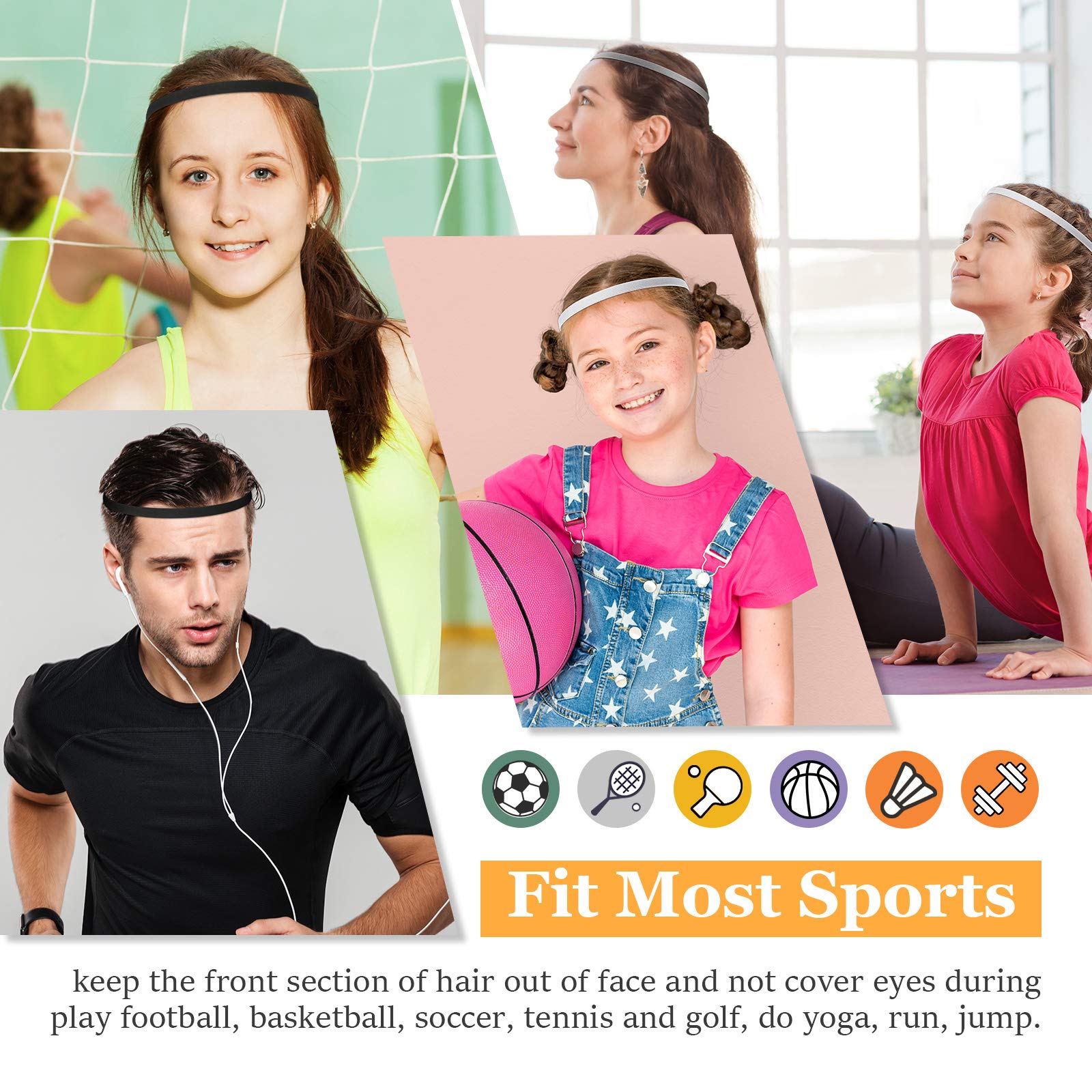12 Pack Non-Slip Elastic Sports Headbands for Men & Women - Sweat Absorbing Workout Hair Bands with Silicone Grip for Running, Yoga, Tennis, Basketball, Football - Black White Grey Set for Gym & Active Lifestyle