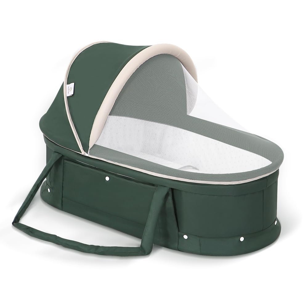 Holy Cat Portable Travel Bassinet - Foldable Baby Crib with Mosquito Net & Canopy, Lightweight Washable Infant Bed for Home, Travel & Outdoor Use - Green