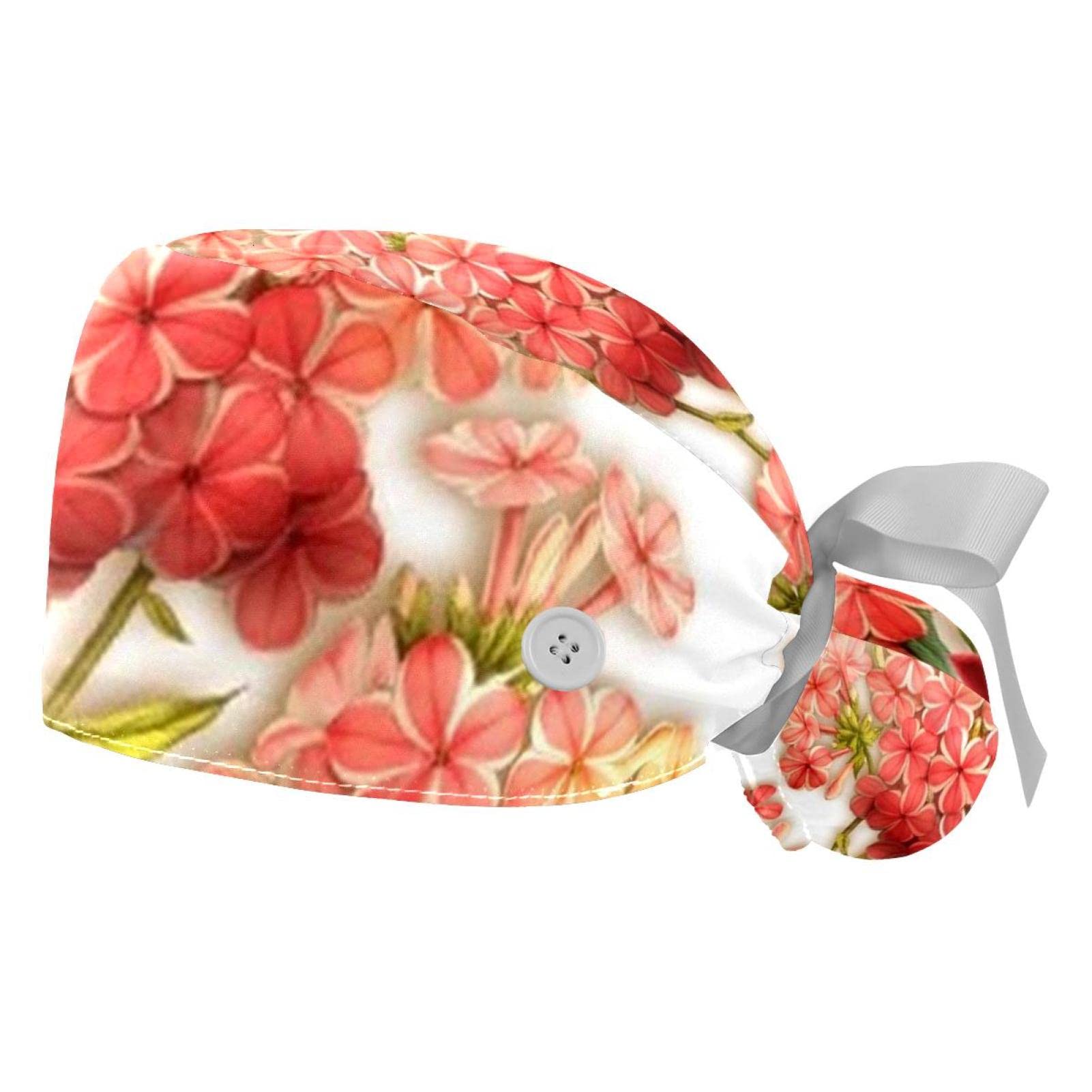 2 Pack Women's Adjustable Working Cap with Button - Unisex Bouffant Scrub Hat with Sweatband, Floral & Fruit Print - Perfect for Nurses, Chefs, and Medical Professionals