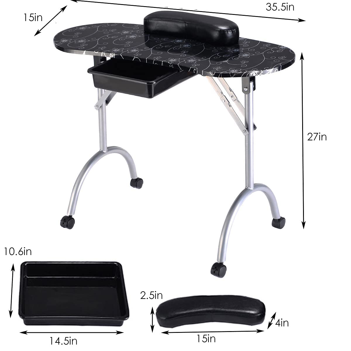 Giantex Portable Foldable Nail Tech Table with Large Drawer, Wrist Rest & 4 Lockable Casters - Professional Manicure Station for Salon Technicians (Black) | Includes Carrying Bag - Perfect for Home & Professional Nail Salons, Mobile Nail Services & Beauty Studios