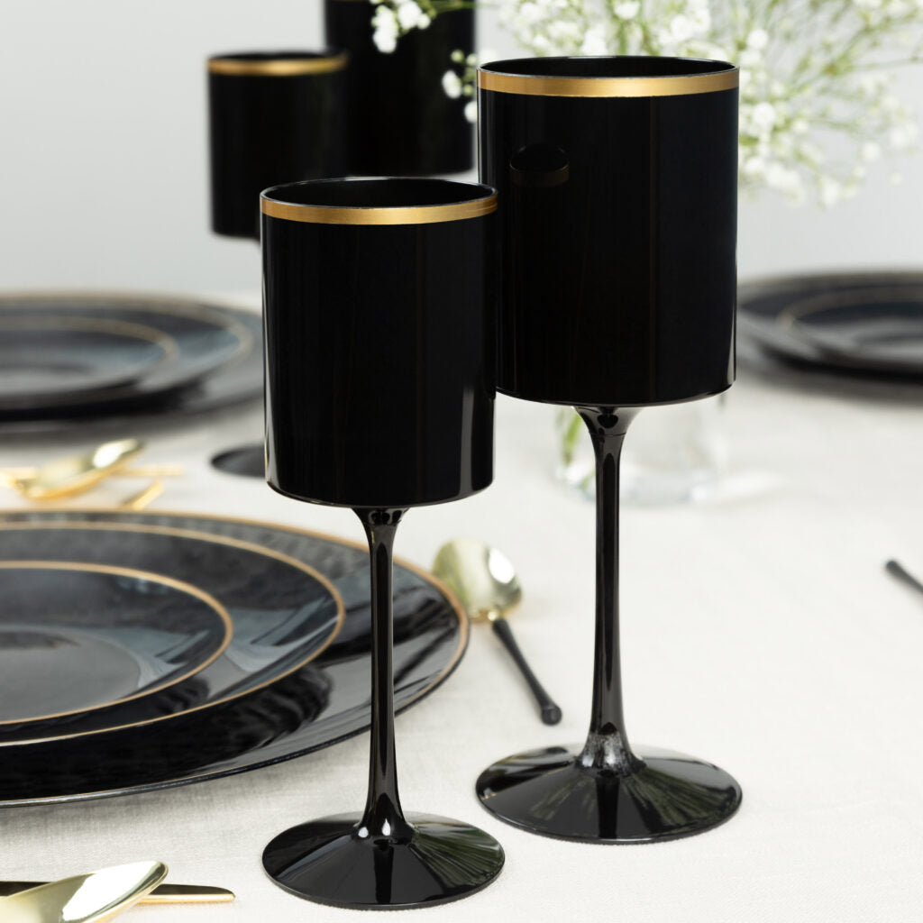 14 Oz Black and Gold Plastic Stemmed Wine Goblets - Set of 5 Shatterproof Cups for Parties, Weddings, and Outdoor Events
