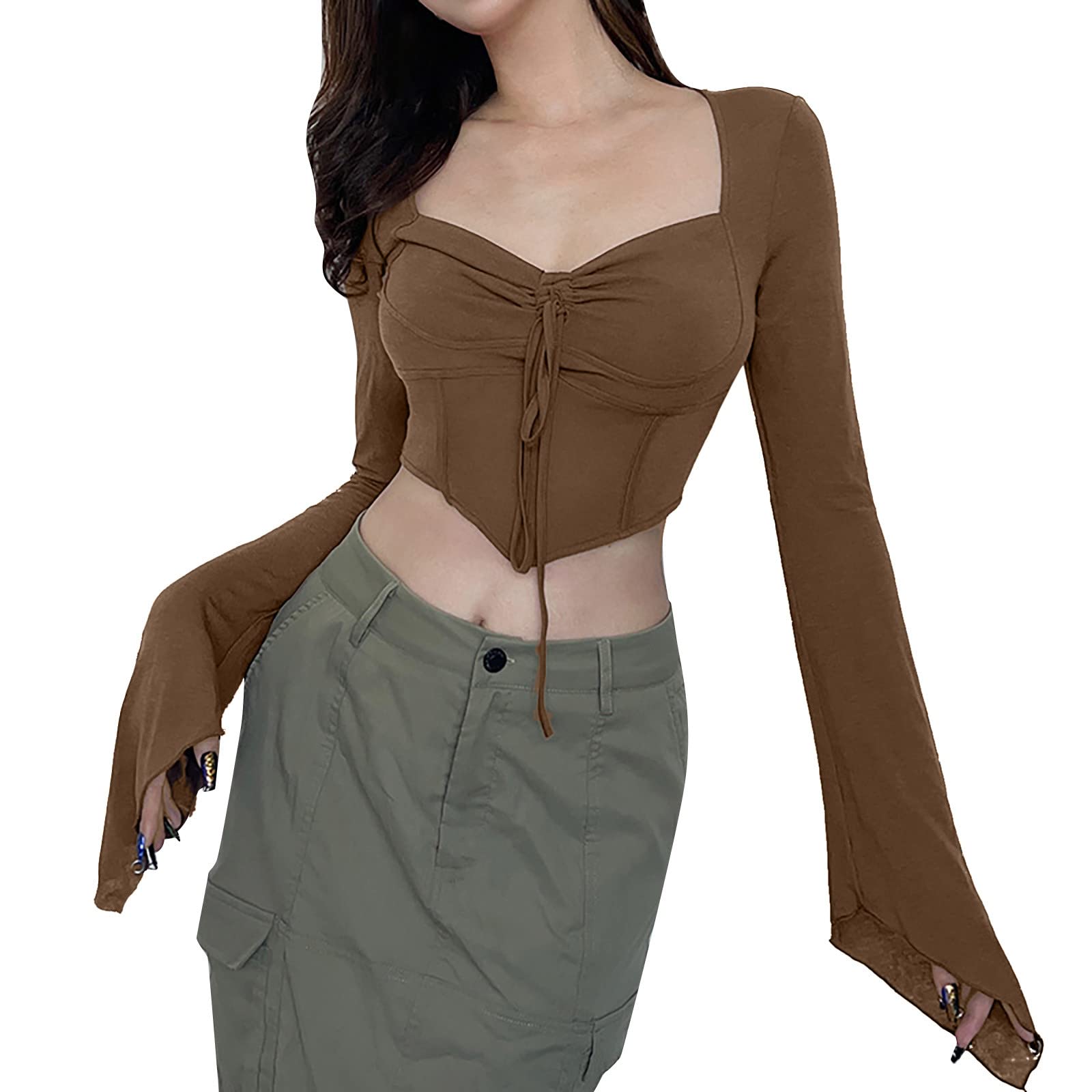 Women's Long Sleeve Corset T-Shirt - Slim Fit Smocked Cropped Top for Swimwear & Beach Cover-Up | Casual Summer Outfit & Layering Essential