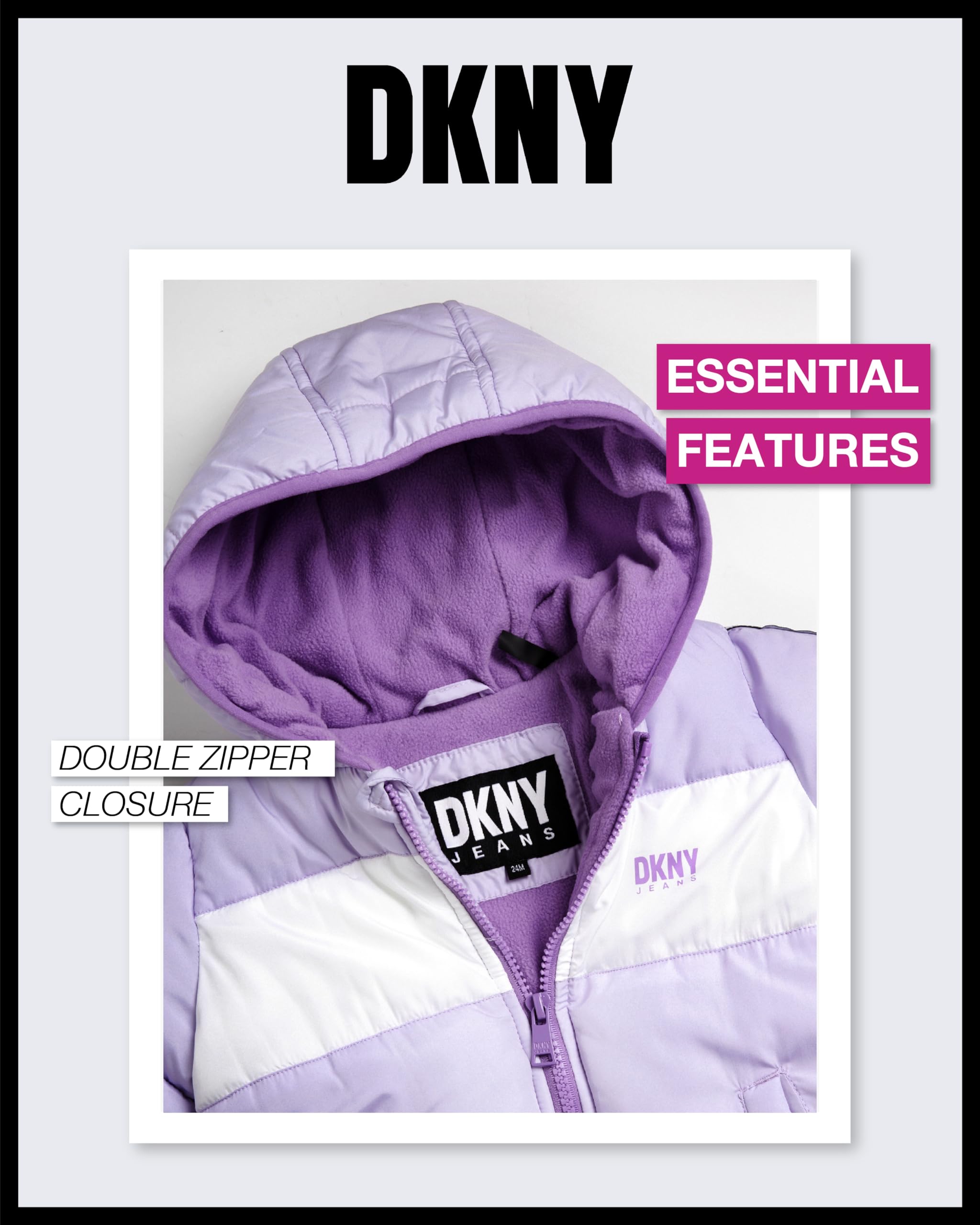 DKNY Baby Girls' Hooded Fleece-Lined Winter Snowsuit - Warm Zip-Up Snow Pram Coat for Newborns & Infants 0-24 Months - Perfect for Outdoor Winter Play, Snow Days & Stroller Walks