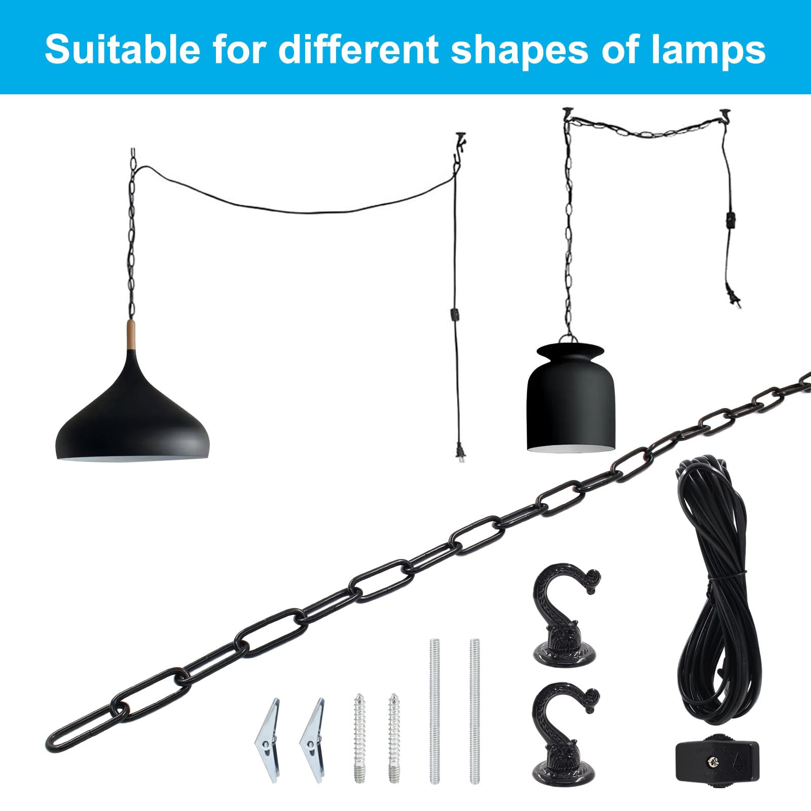 Swag Light Kit with 15 Ft Chandelier Chain & Cord - Includes Switch & 2 Hooks - Black Hanging Lamp Kit for Pendant, Ceiling & Fan Lights - Perfect for Bedroom, Living Room & Dining Room Lighting