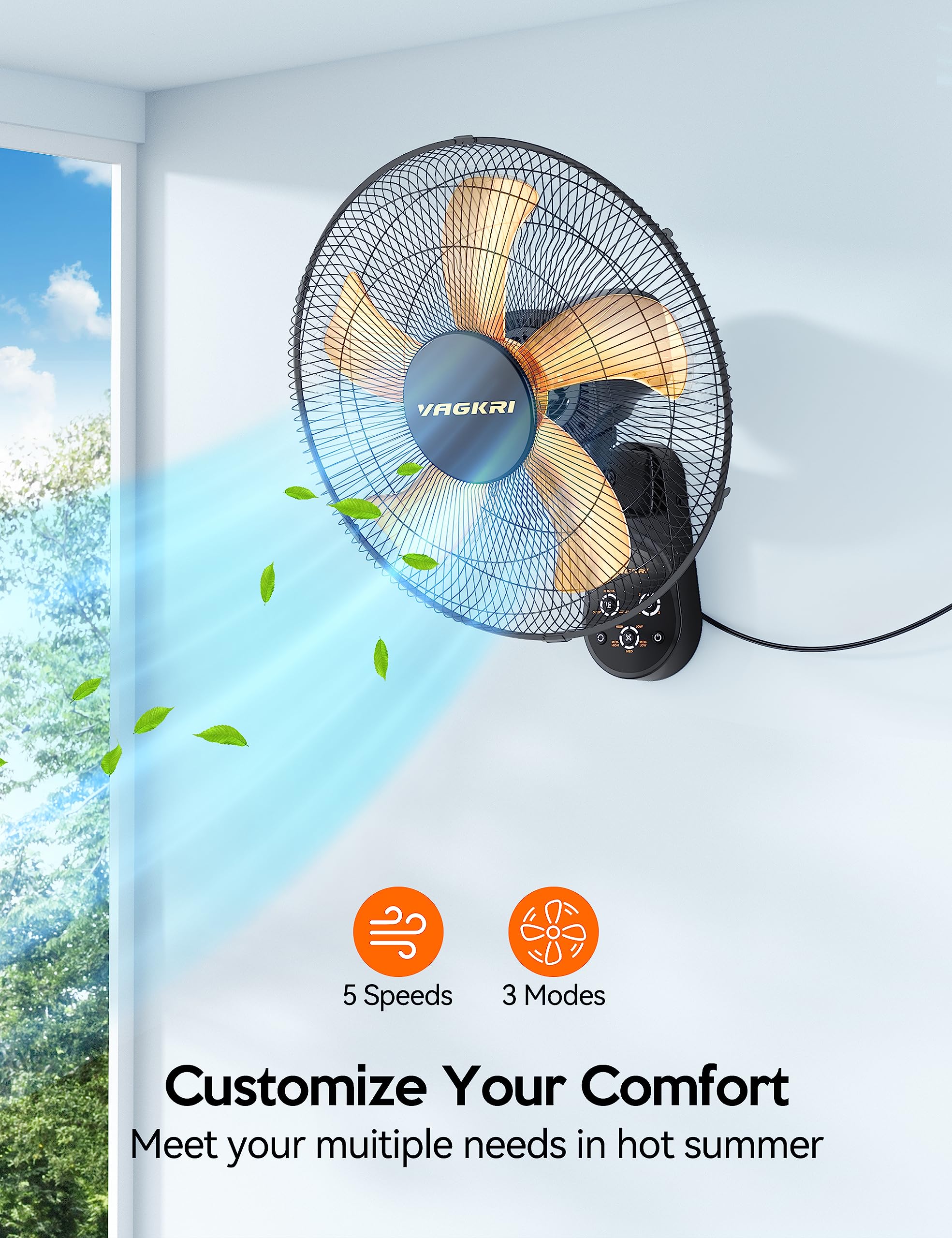 16 Inch Wall Mount Fan with Remote - 5 Speed Quiet Oscillating Fan, 5 Blades, 8 Hour Timer - Perfect for Home, Office, Bedroom, Living Room & Garage (Black) | Stay Cool During Work, Sleep & Relaxation