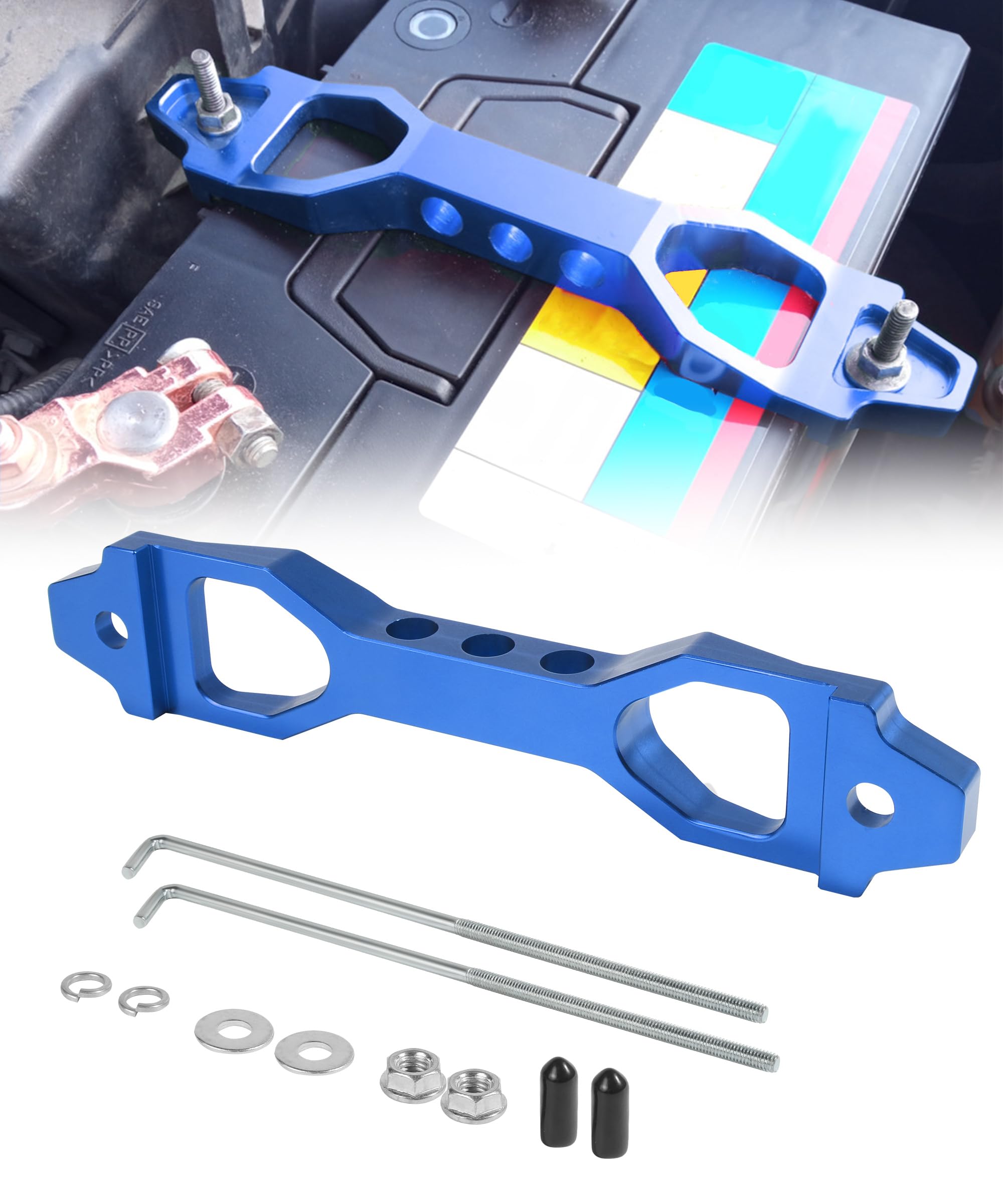 High-Quality Aluminum Alloy Battery Tie Down Kit with Galvanized Iron J Bolts - Universal Fit for Most Vehicles (Blue) - Perfect for Car Maintenance, Engine Bay Organization & Automotive DIY Projects