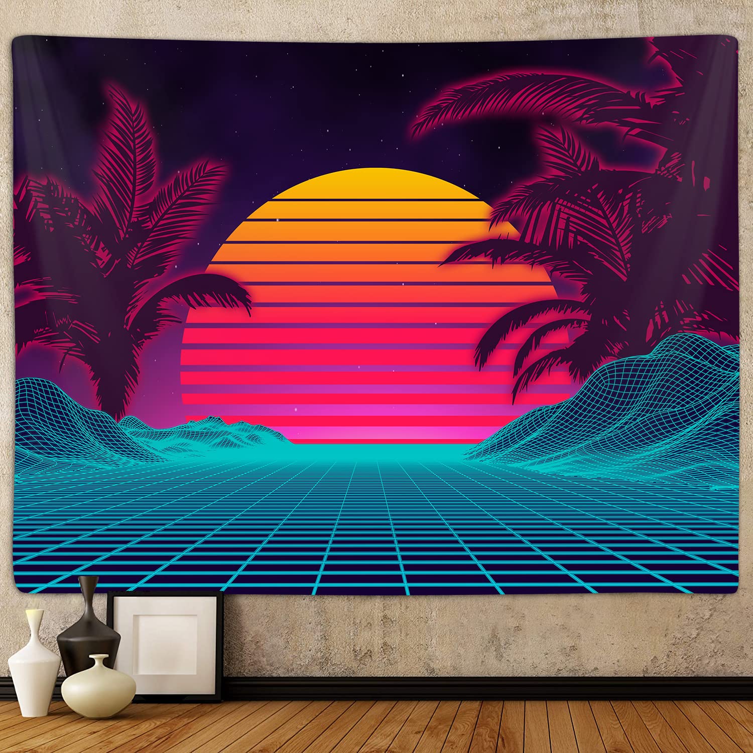 Retro Neon Vaporwave Tapestry Wall Hanging - 40x30 Inch Psychedelic Mountain Sun Art for Bedroom, Dorm & Office Decor | 70s 80s Aesthetic Blanket Poster for Men's Room, Living Room & Party Decor | Perfect for Music Festivals, Gaming Rooms & Vaporwave Themed Spaces