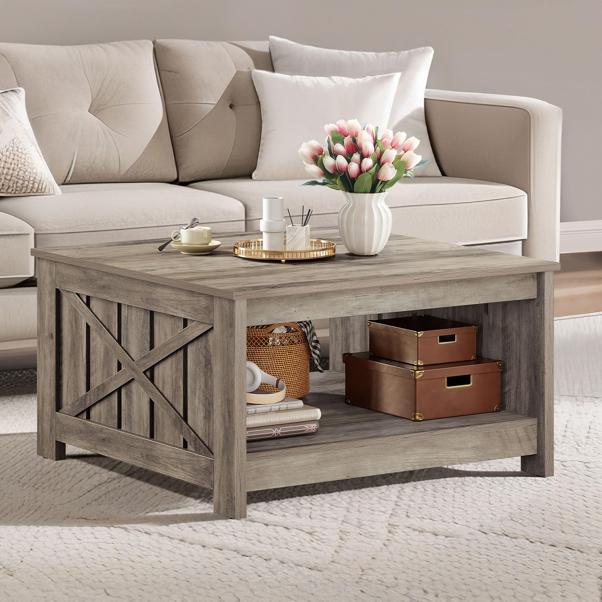 Farmhouse Square Coffee Table with 2-Tier Storage - Rustic Grey Wood Center Table for Living Room | Half Open Storage Compartment | Perfect for Small Spaces, Home Decor & Cozy Gatherings
