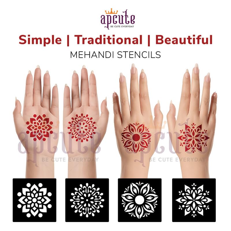 APcute Reusable Temporary Mehndi Tattoo Stencil Kit - 18 Piece Henna Design Set for Women, Girls & Kids | Easy 4-Step Application | Perfect for Weddings, Festivals & DIY Body Art