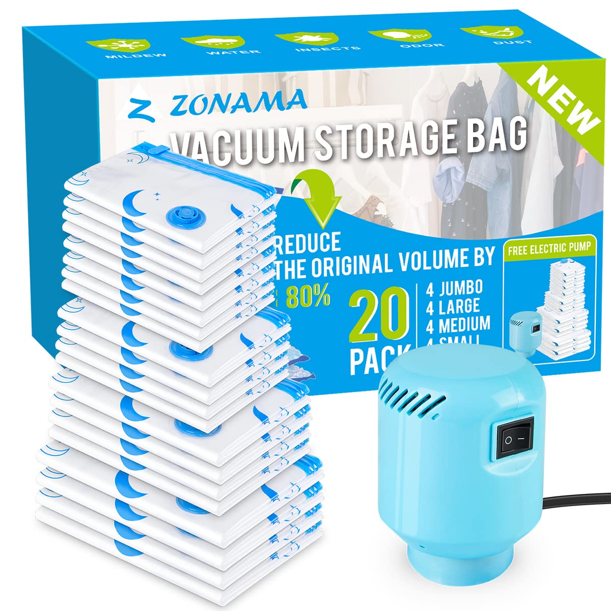 Vacuum Storage Bags with Electric Air Pump - 20 Pack (4 Jumbo, 4 Large, 4 Medium, 4 Small, 4 Roll Up Bags) | Space Saving Storage Solution for Clothes, Bedding, Travel | Perfect for Seasonal Storage, Moving & Home Organization