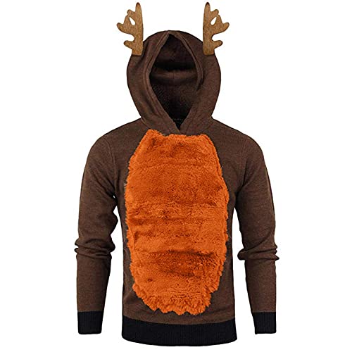 Men's Graphic Pullover Hoodie - Christmas Elk Design, Color Splice Long Sleeve Hooded Sweatshirt | Perfect for Holiday Gifts, Winter Fashion & Casual Outings