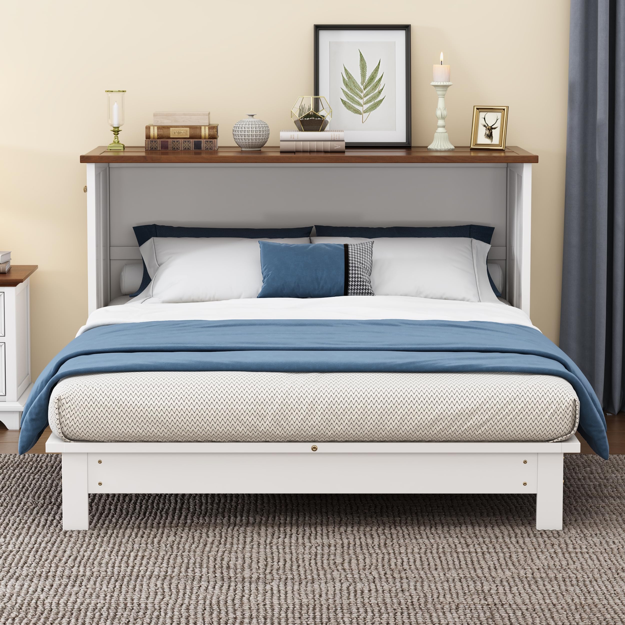 Queen Size Murphy Bed Cabinet with USB Charging Station & Large Storage Drawer - Solid Wood Wall Bed Frame, Foldable Space Saving Design for Small Rooms - Perfect for Home Office, Guest Room or Studio Apartment (White & Walnut Finish)