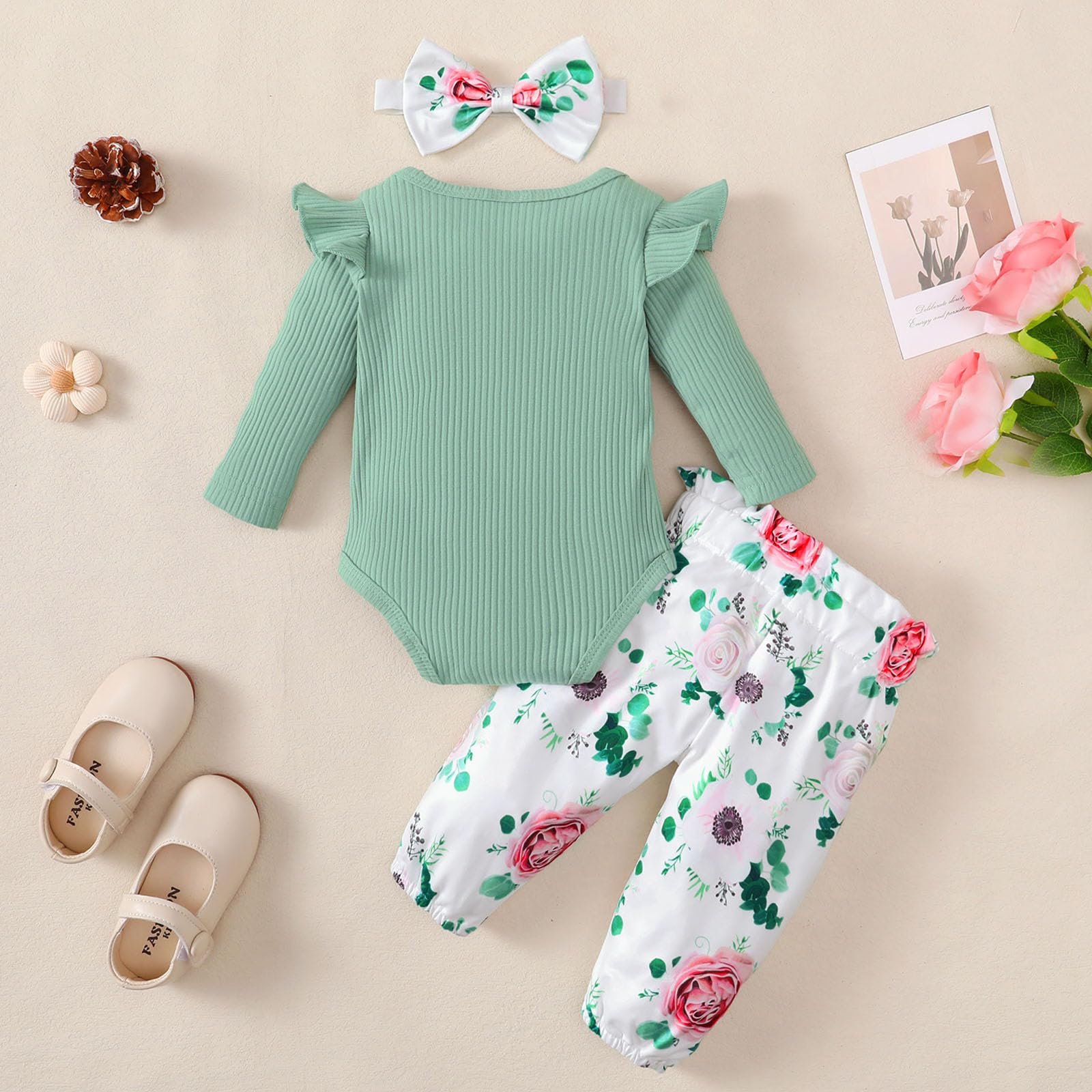 Adorable Baby Girl Outfit Set - Long Sleeve Ruffle Romper & Floral Pants for Newborn to 18 Months | Perfect for Photoshoots, Birthday Parties & Special Occasions