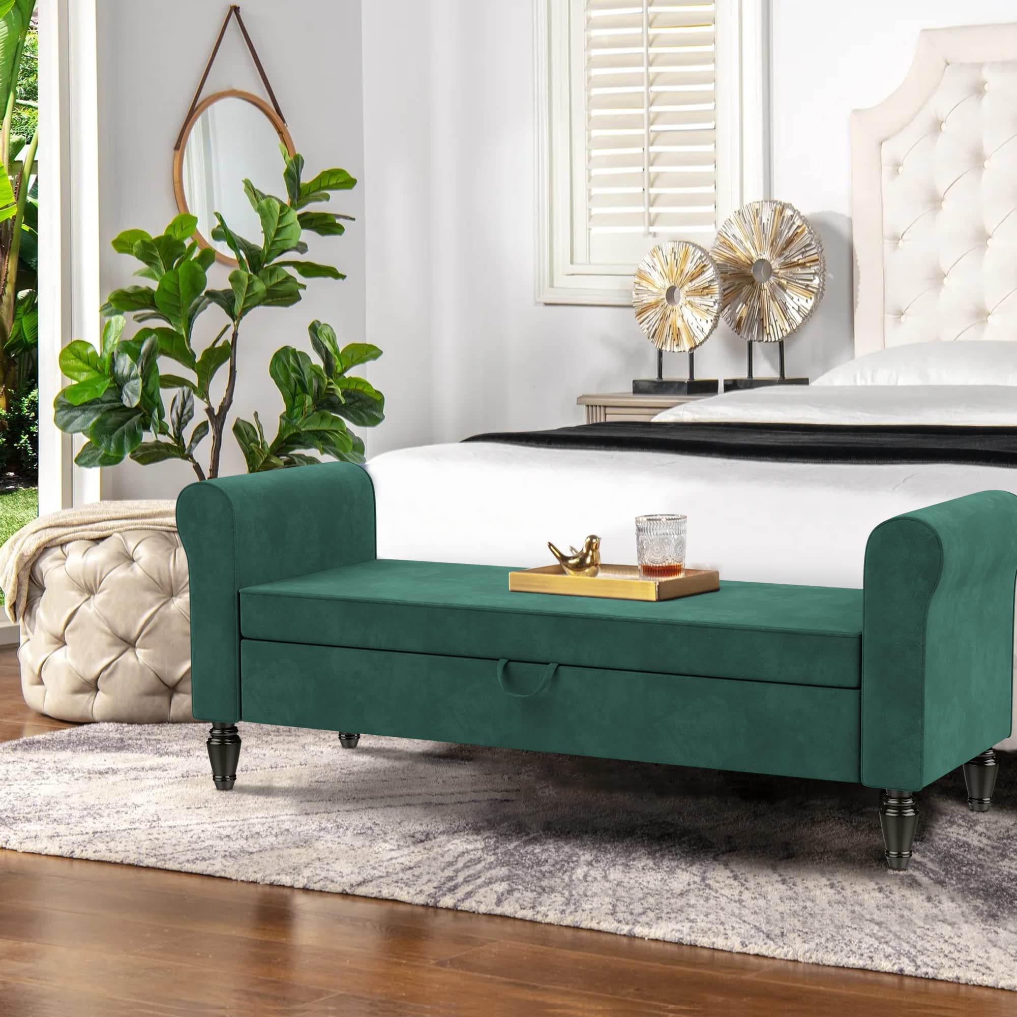 ALISH Modern Storage Bench with Arms - Button Tufted Upholstered Entryway Bench for Living Room & Bedroom - Green Velvet Ottoman with Hidden Storage | Perfect for Hallway Seating, Bed End Storage & Entryway Organization