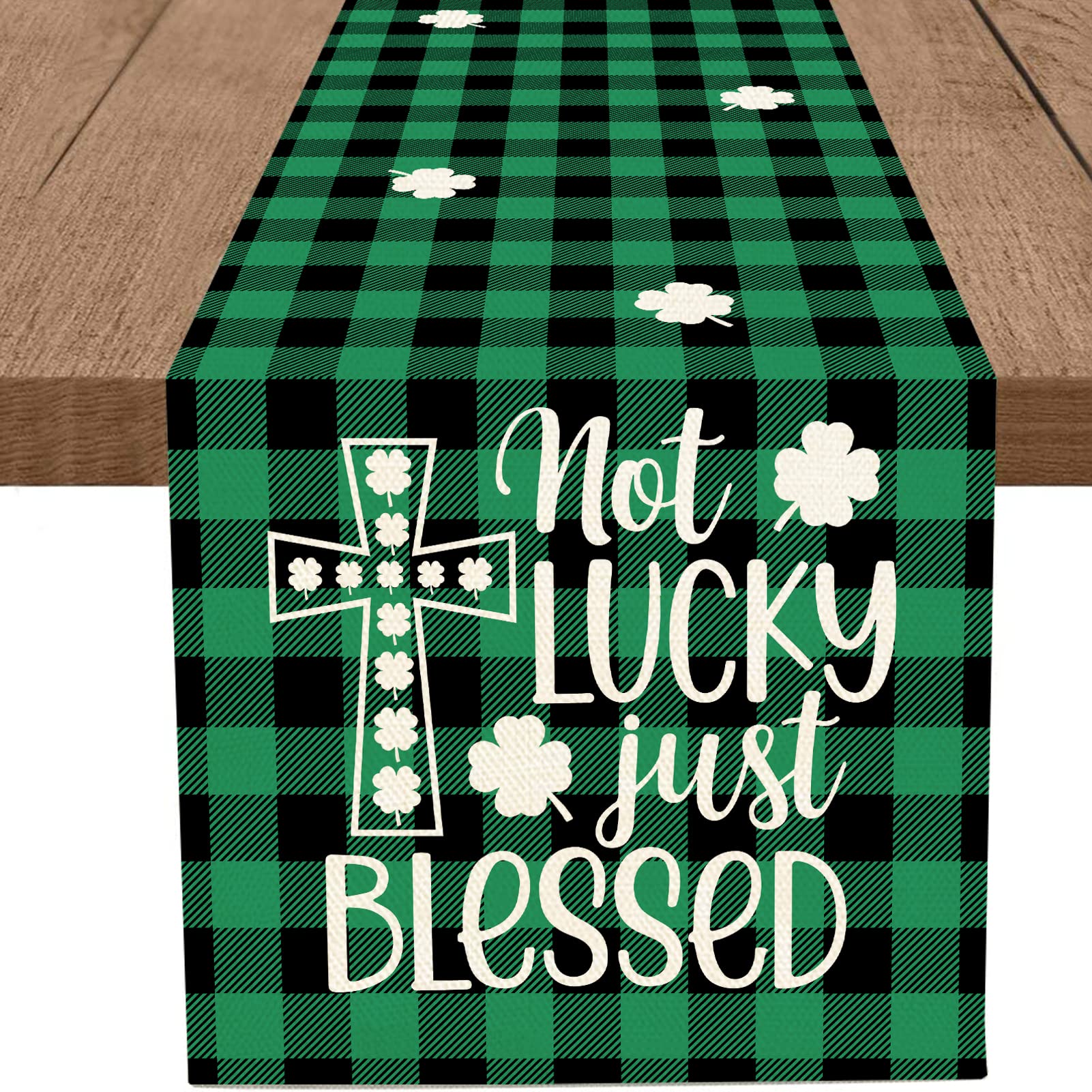 WHOMEAF St. Patrick's Day Table Runner - Lucky Blessed Buffalo Plaid Green Shamrock Clover Spring Holiday Kitchen Dining Decor - 13x72 Inch - Perfect for Home Parties & Seasonal Celebrations