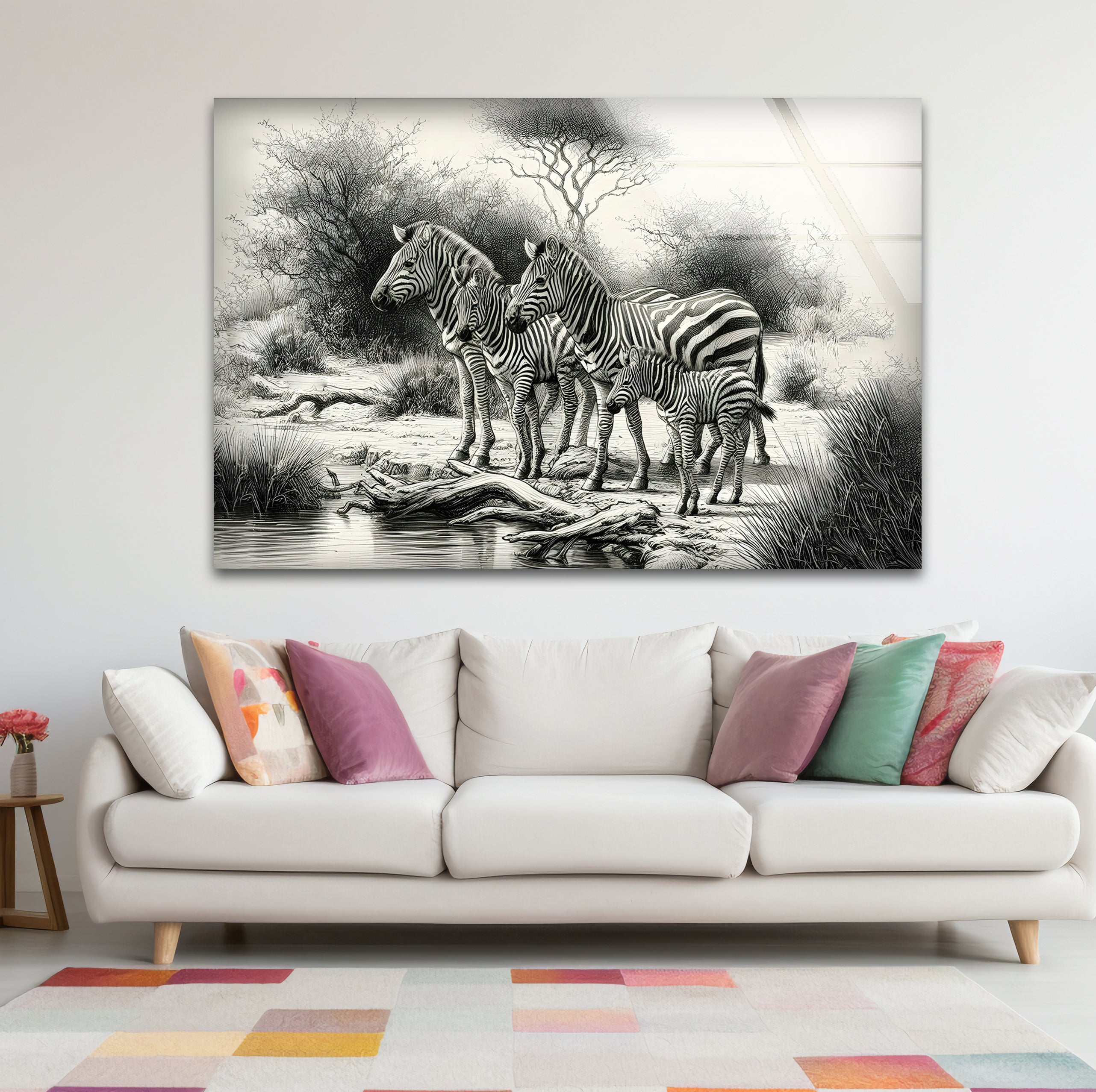 Black and White Zebra Family Glass Wall Art - Modern Home Decor for Living Room, Bedroom & Office - Unique Animal Print Wall Art for Safari & Wildlife Theme Decor