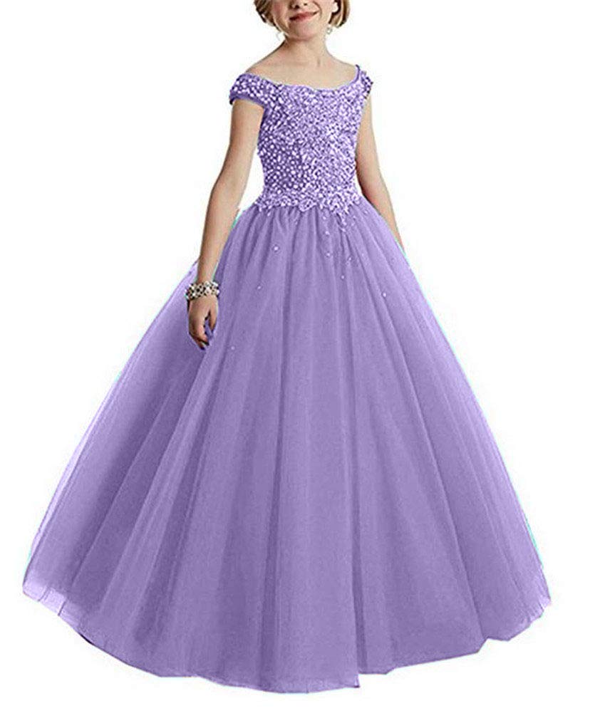 VeraQueen Girls Off Shoulder Beaded Pageant Dress - Cap Sleeve Ruffled Princess Ball Gown for Beauty Pageants, Prom, Quinceañera & Special Occasions