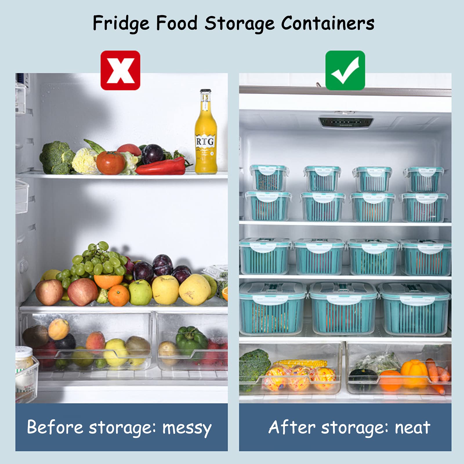 5-Piece Fridge Food Storage Container Set with Lids - BPA-Free Colanders & Drain Baskets for Fresh Vegetables, Fruits, Berries - Perfect for Kitchen Organization, Meal Prep & Refrigerator Storage