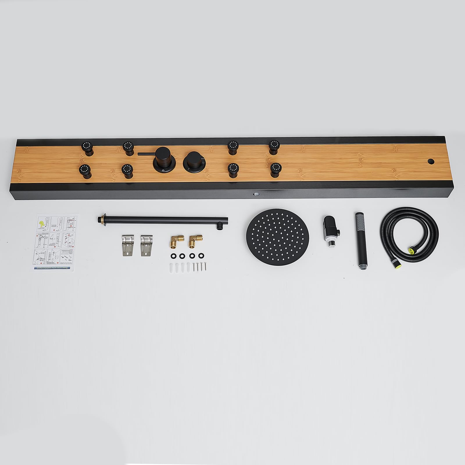 Premium Black Shower Tower with Natural Wood Accents - 304 Stainless Steel Shower Panel System Featuring 8-inch Rainfall Showerhead & 4 Massage Body Jets - Perfect for Home, Hotel, and Luxury Bathroom Renovations - Creates Spa-like Experience for Relaxation and Refreshment