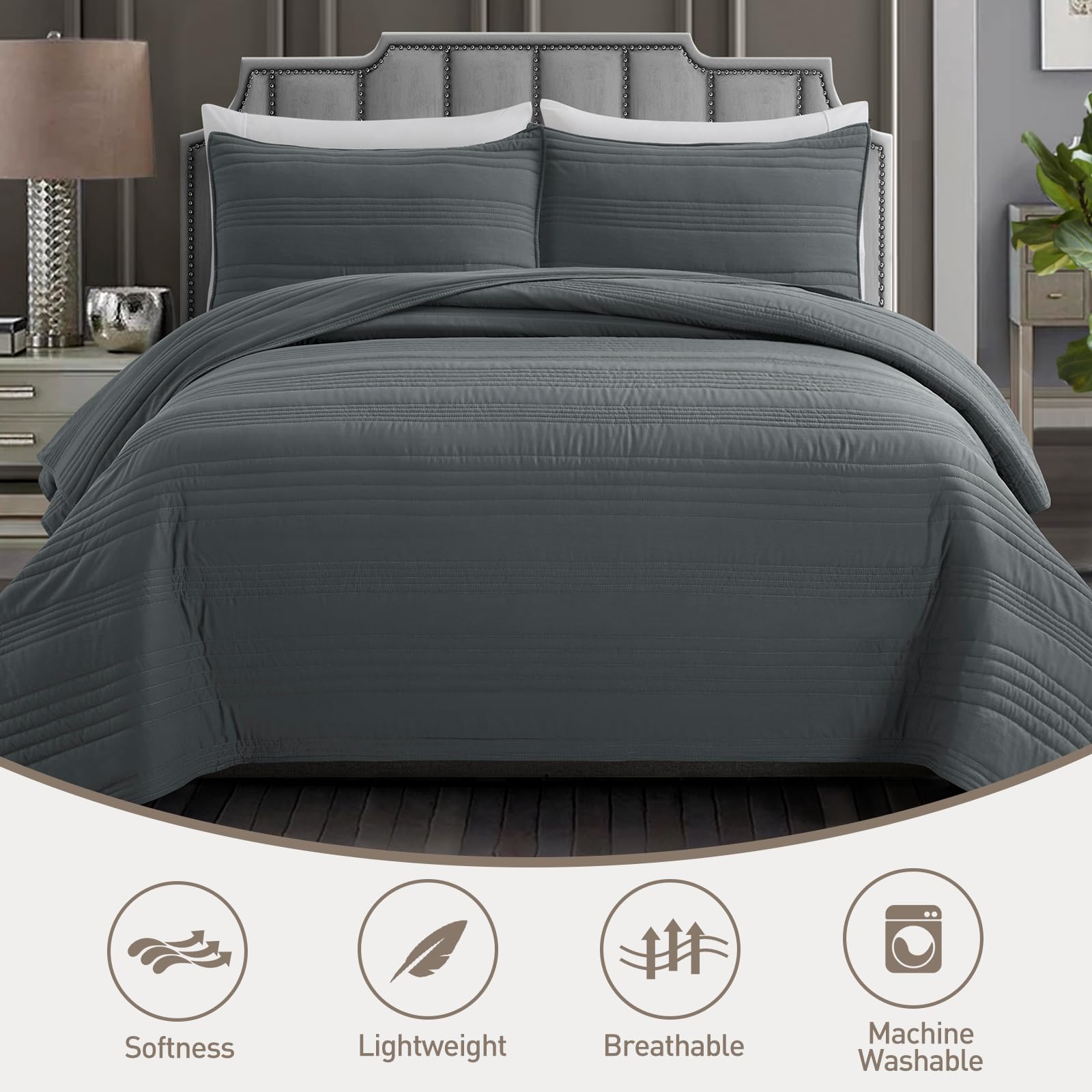 Safonory Dark Grey Quilt Full/Queen Size - Ultra Soft Lightweight Microfiber Striped Bedspread Set - 3 Piece Gray Coverlet with 1 Quilt & 2 Shams - Perfect for Summer Bedding, Guest Room Decor, and Cozy Bedroom Makeover
