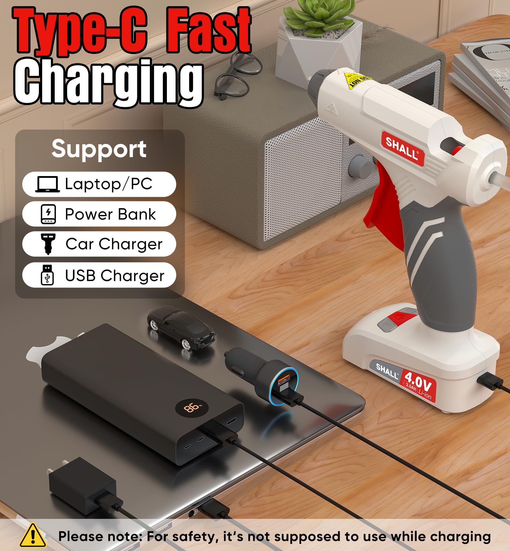 SHALL 4V Cordless Hot Glue Gun Kit - 15s Fast Heating Wireless Glue Gun with 12 Mini Glue Sticks, 2Ah Rechargeable Battery & Fast Charger - Smart Auto Power-Off for DIY Crafts, Home Repairs & School Projects (White)