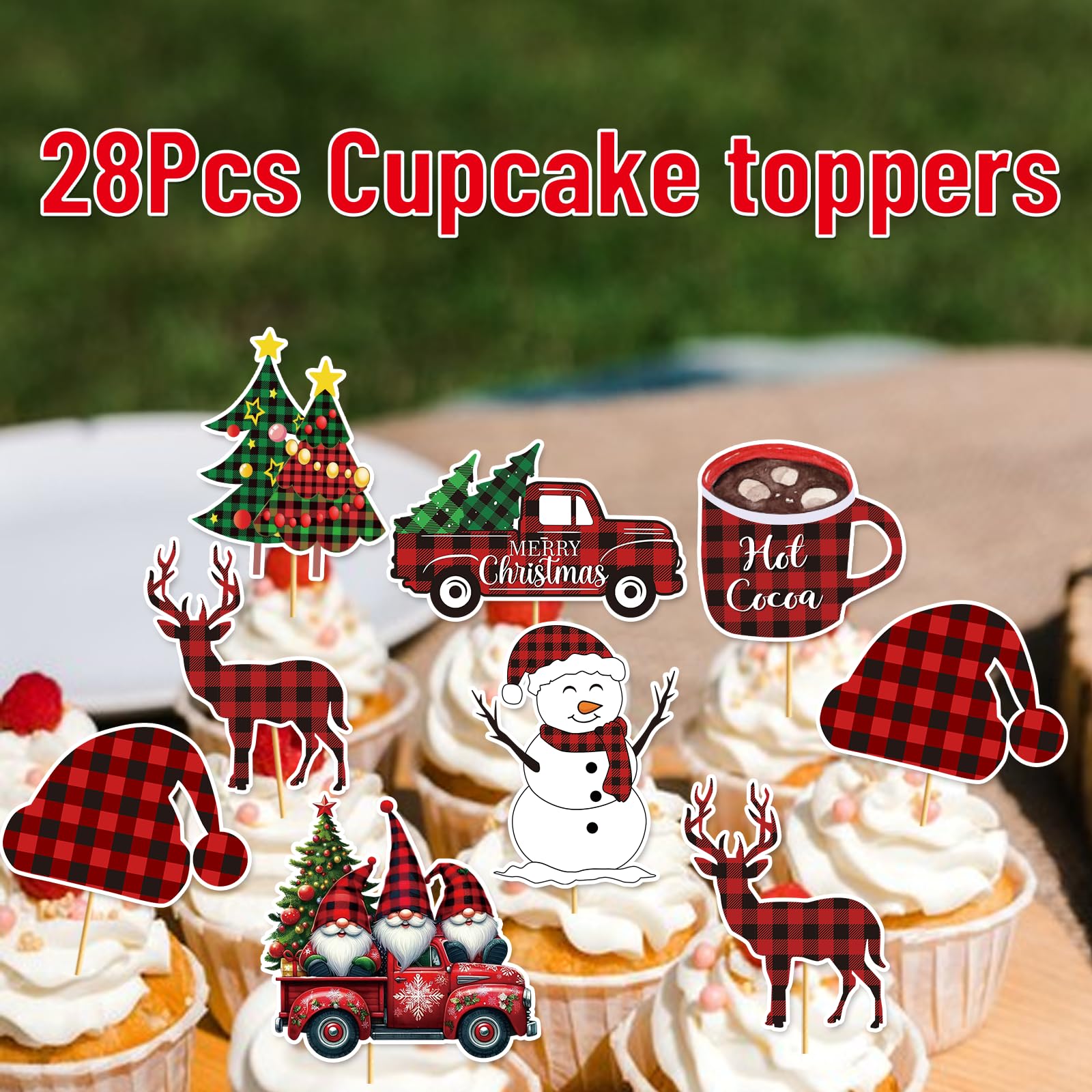 28Pcs Christmas Cupcake Toppers - Buffalo Plaid Holiday Party Decorations for Christmas, Birthday & Winter Celebrations | Perfect for Cupcakes, Cakes, Desserts & Festive Table Settings