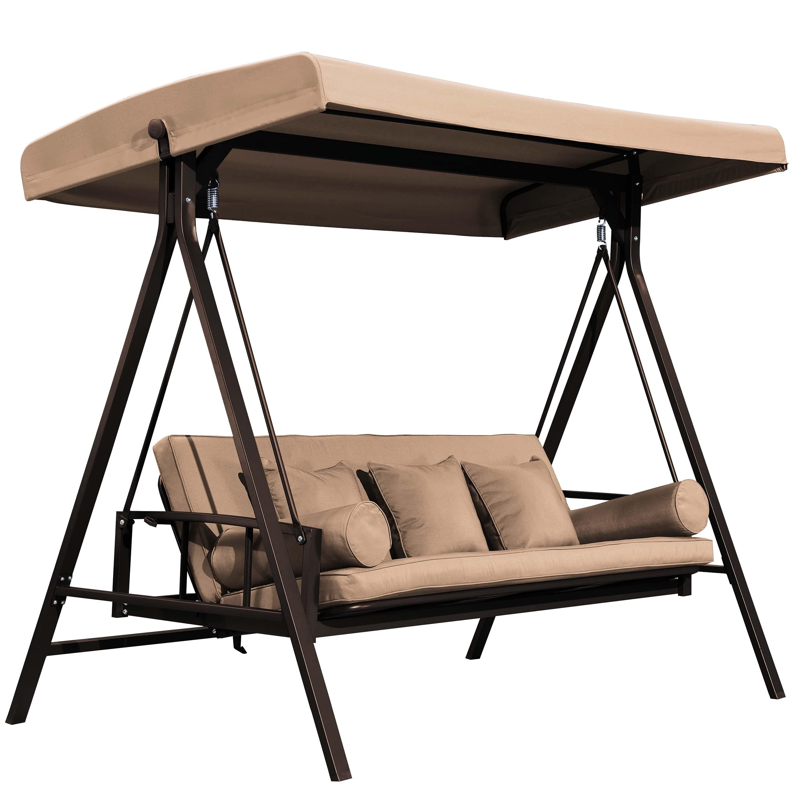PURPLE LEAF 3-Seater Outdoor Patio Swing Chair with Adjustable Backrest - Weather-Resistant Steel Frame for Backyard, Porch or Garden - Includes Cushions & Pillows (Beige) - Perfect for Relaxing, Lounging & Outdoor Entertaining