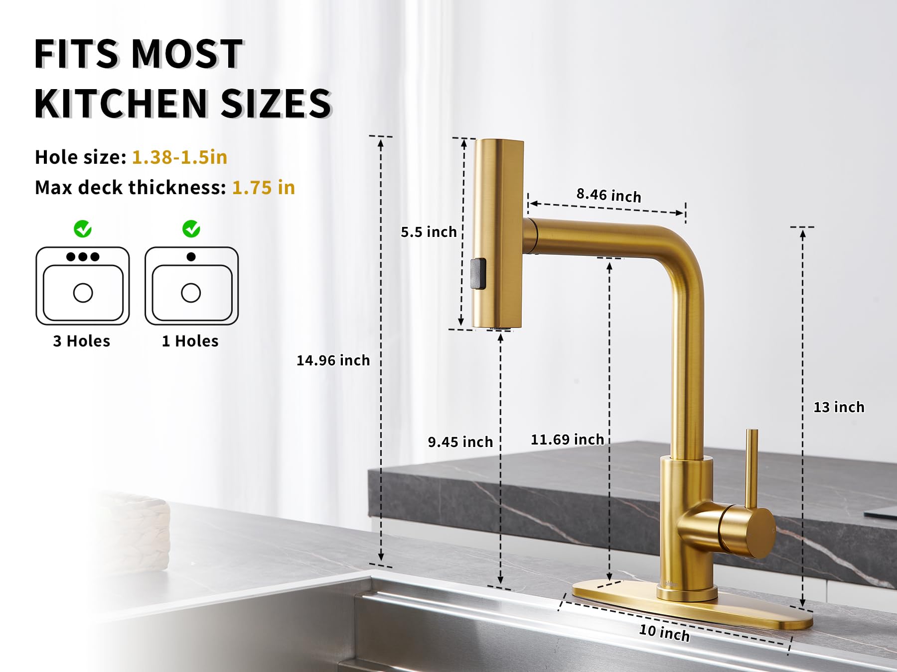 Tohlar Brushed Gold Kitchen Faucet with Pull Down Sprayer - 3 Function Waterfall Sink Faucet, Single Lever Handle for Modern Kitchens | Perfect for Cooking, Washing Dishes & Filling Pots