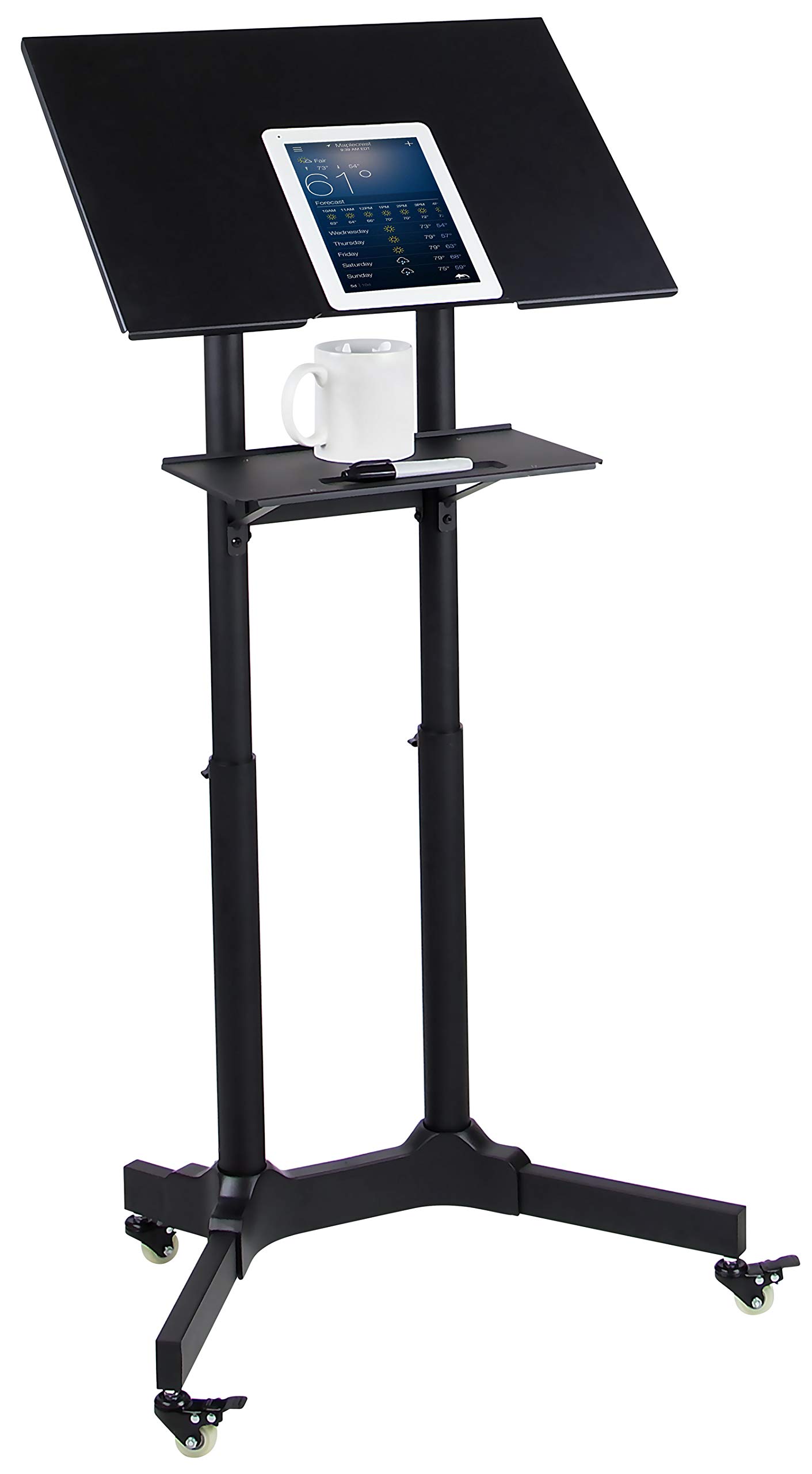 Mount-It! Adjustable Height Mobile Podium Stand with Wheels - Rolling Lectern & Portable Standing Desk with Tilted Shelf & Storage | Perfect for Office Presentations, Classroom Teaching & Conference Room Speeches
