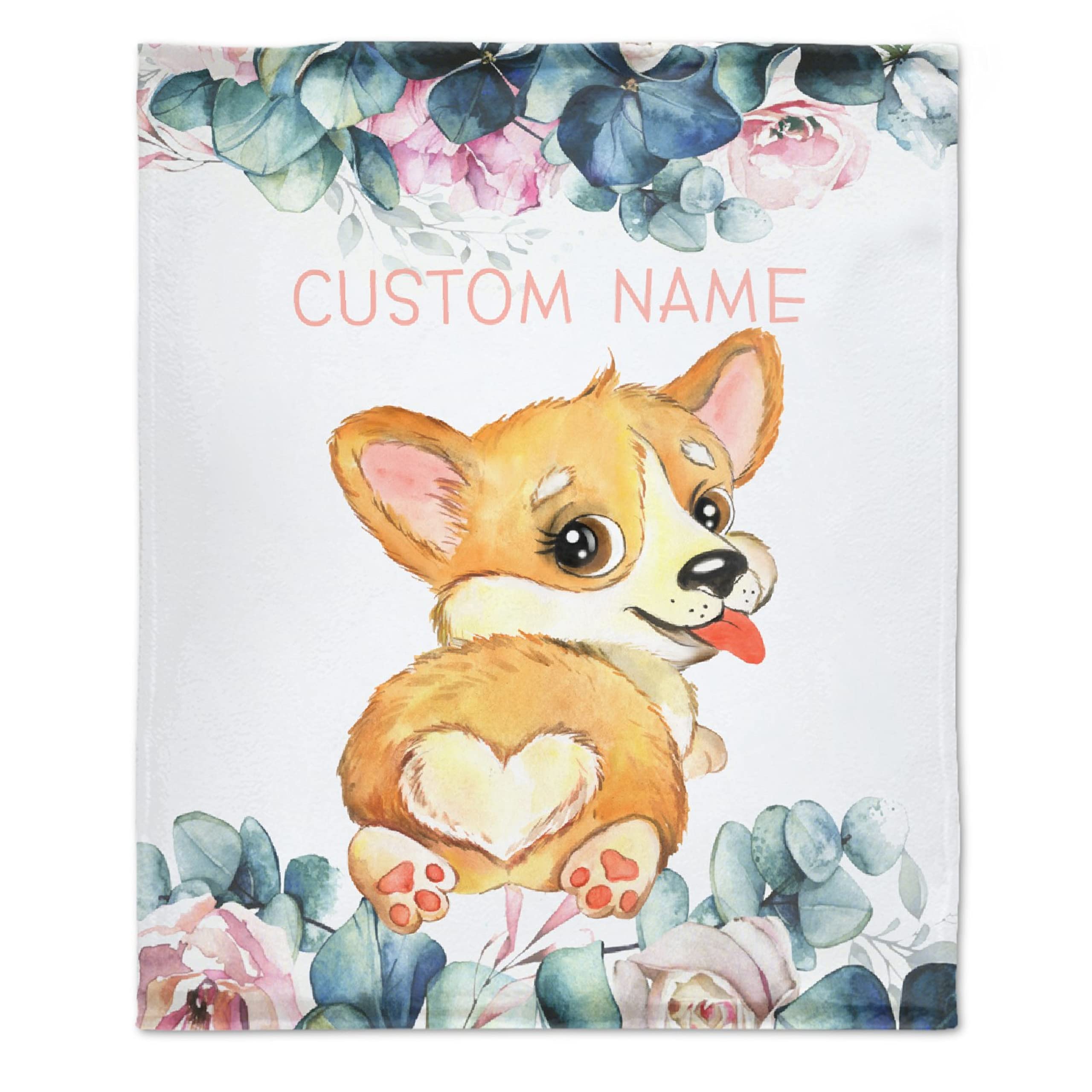Custom Personalized Baby Blanket with Name - Corgi Dog & Floral Design Fleece Blanket for Boys, Girls, Kids | Soft 120x90 Inch Baby Shower Gift for Daughter, Granddaughter, Niece | Perfect for Nursery, Stroller, Crib & Family Photo Props