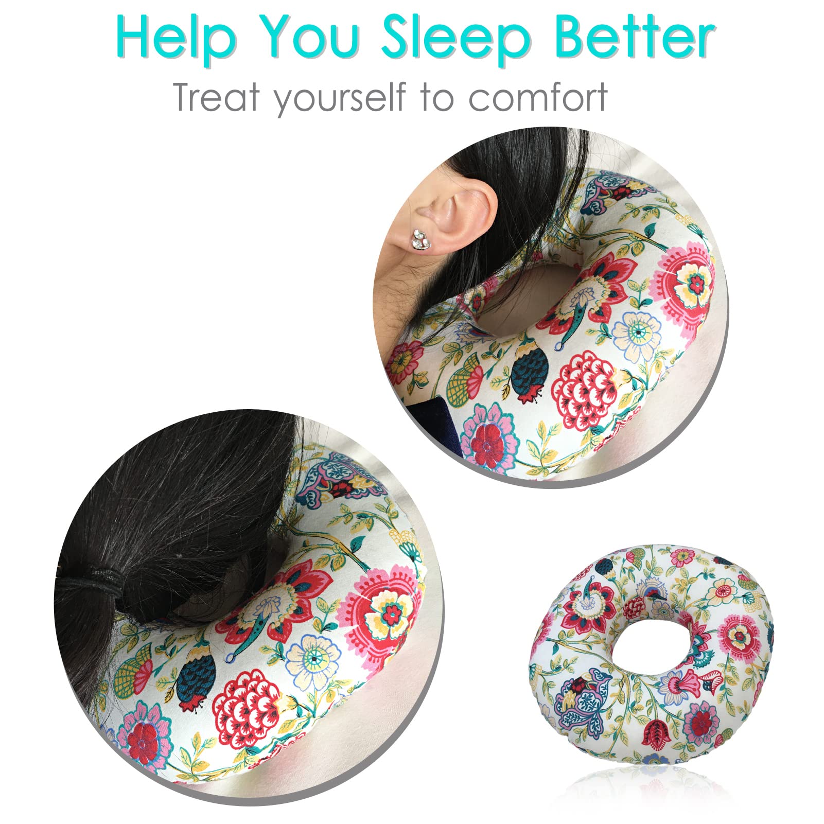 Floral Print Donut Ear Pillow with Hole - Comfortable Piercing Pillow for Ear Pain Relief, Pressure Sore Prevention & Side Sleepers - Perfect for Sleeping with Earrings or Headphones (Sunflower Design) - Ideal for Post-Piercing Care, Travel & Home Use