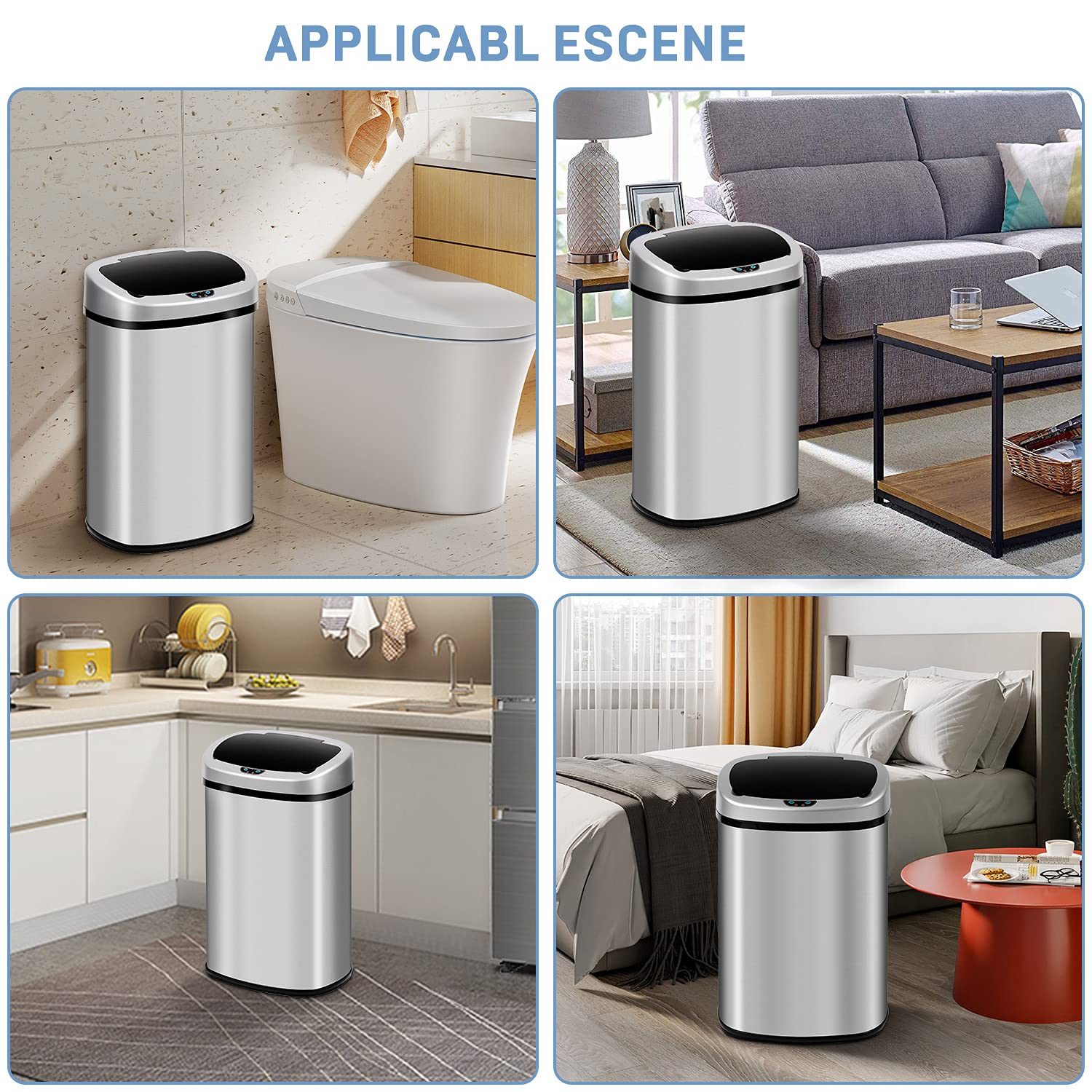13 Gallon Automatic Touchless Stainless Steel Trash Can - Motion Sensor Smart Kitchen Garbage Bin with Lid, Hands-Free Auto Open/Close Waste Bin for Office, Bedroom, Bathroom (Silver) | Perfect for Modern Homes & Commercial Spaces