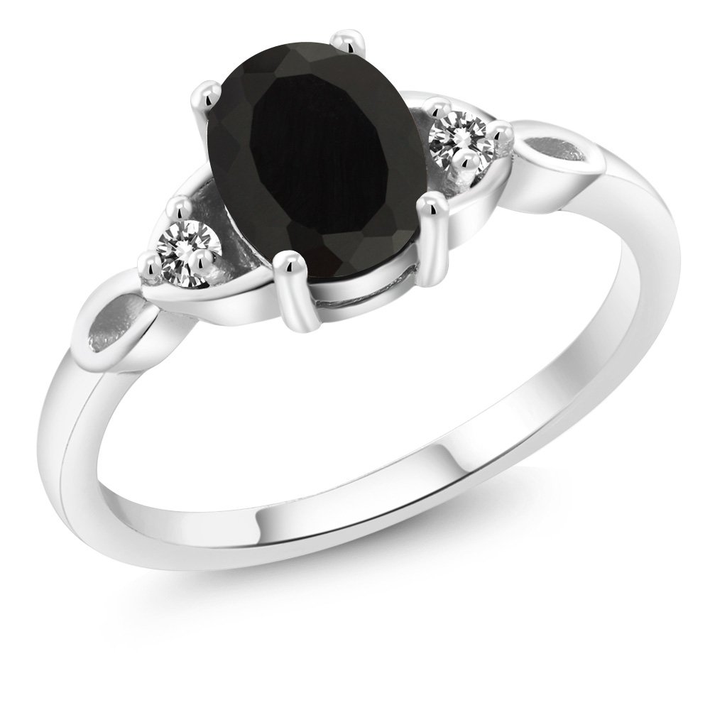 Gem Stone King 925 Sterling Silver Black Onyx & White Diamond 3-Stone Ring for Women - December Birthstone Jewelry (1.32 CTTW, Oval 8x6mm, Sizes 5-9) - Perfect for Birthday Gifts, Anniversary & Special Occasions