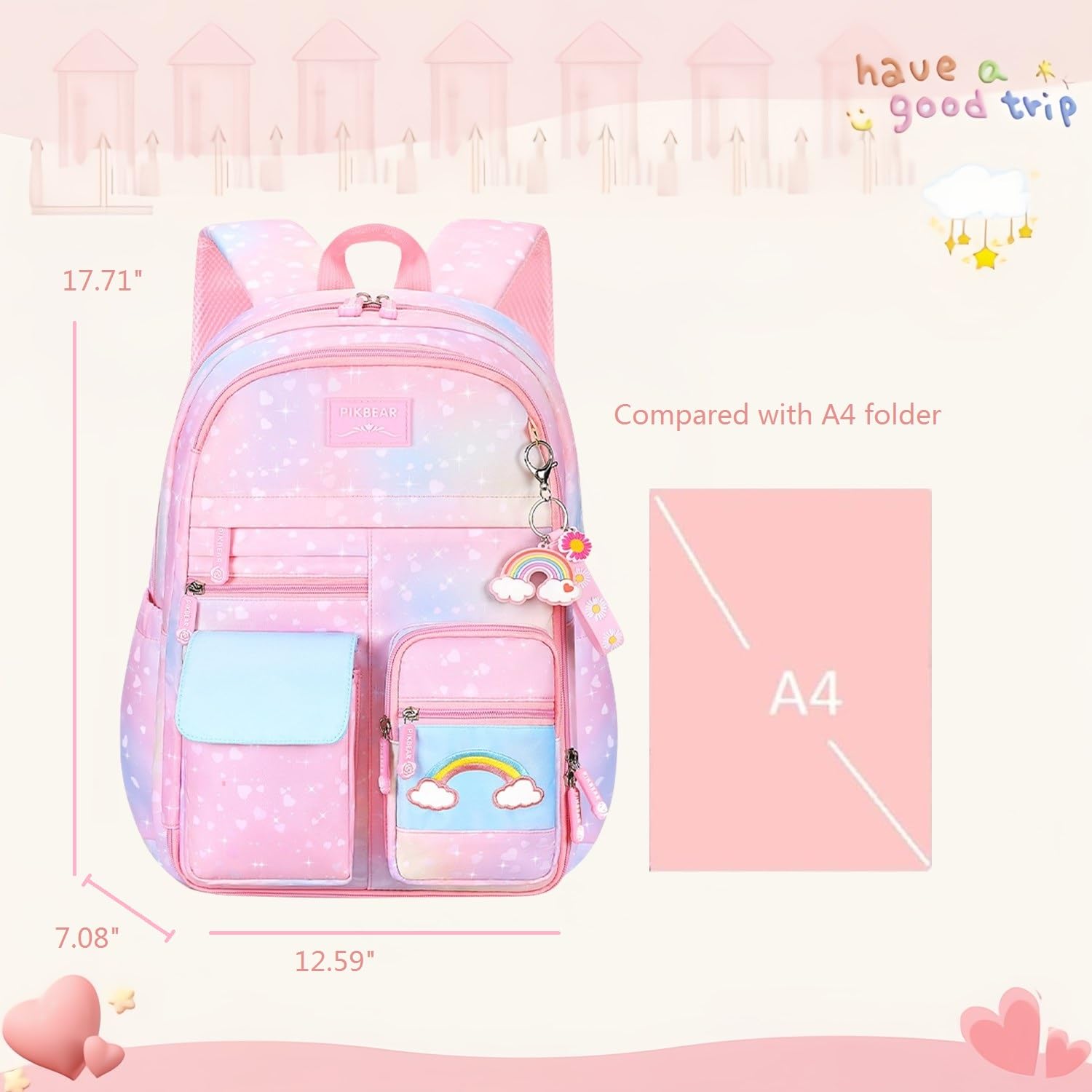 Gradient Rainbow Backpack for Girls - Cute Heart Print School Bookbag with Multiple Compartments | Durable Elementary Backpack for School, Travel & Daily Use