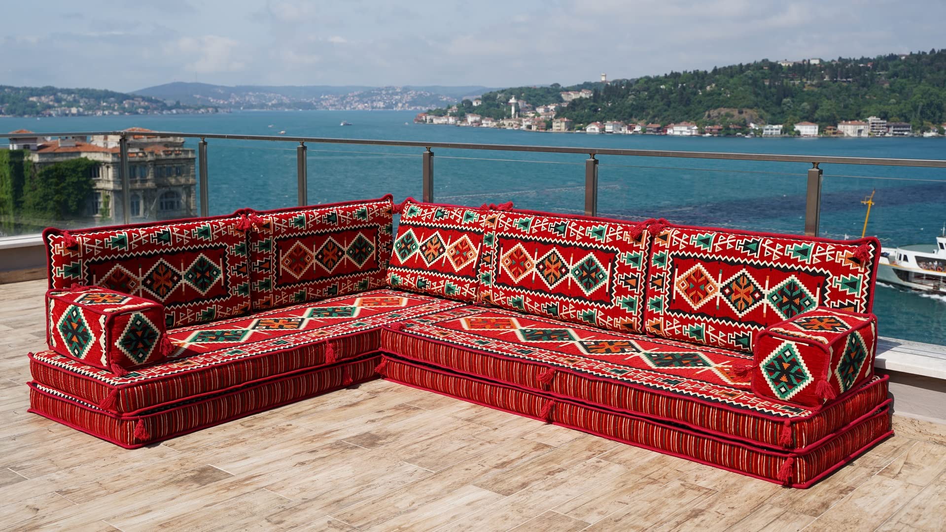 Premium Red L-Shaped Pallet Cushions - Arabic Floor Sofa Set with Oriental Design - Comfortable Sectional Floor Seating - Soft Indoor Floor Pillows for Living Room, Lounge & Meditation - (L Sofa Only)