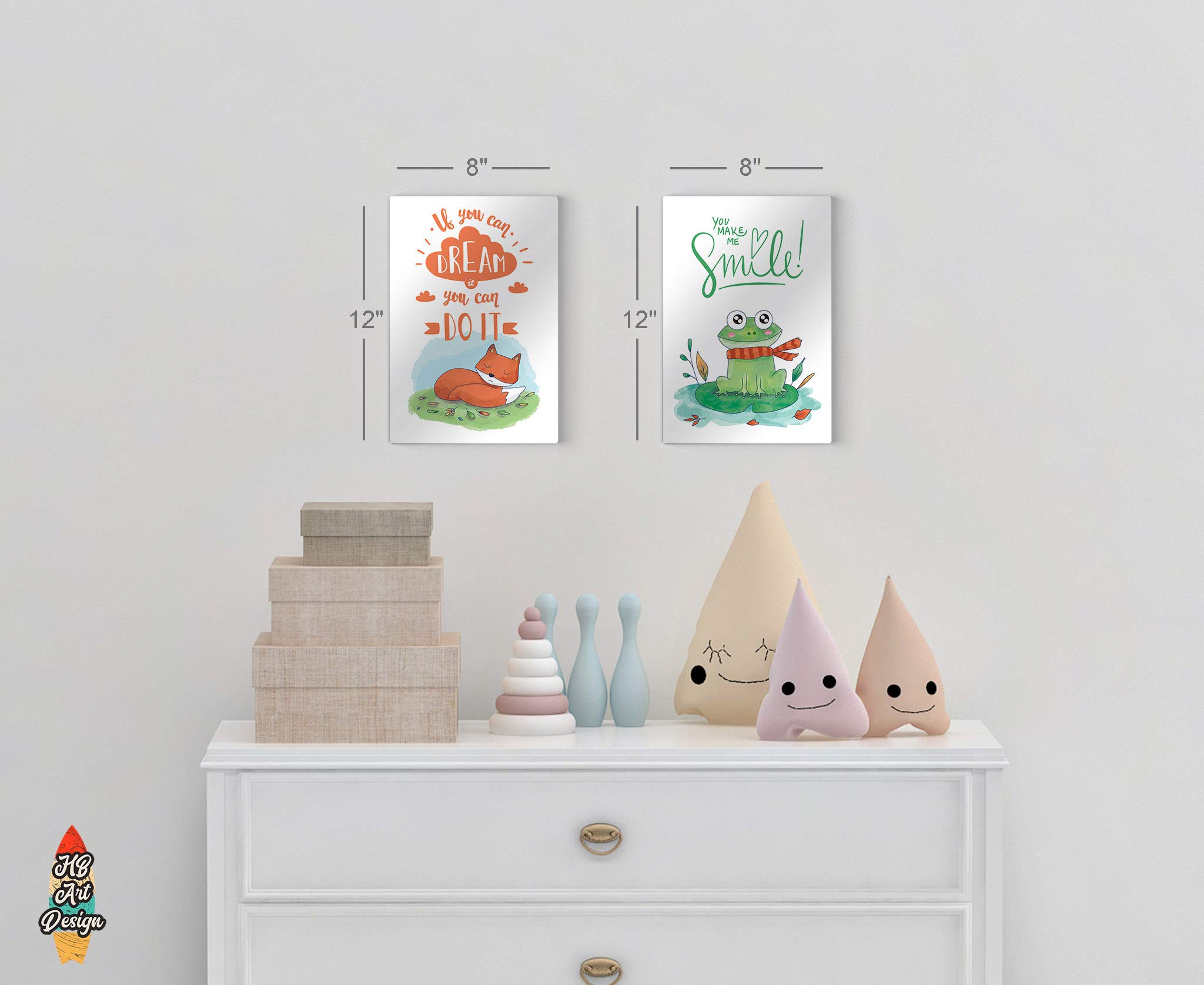 Cute Fox & Frog Motivational Wall Art - 2 Panel Metal Print Set for Nursery, Baby Girl & Boy Room Decor - Handmade in USA (40x30in x2) - Perfect for Kids Bedroom, Playroom & Nursery Wall Decor