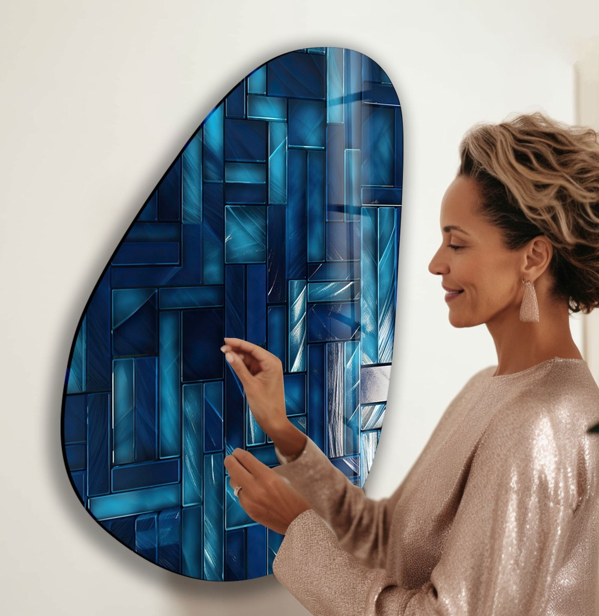 Asymmetrical Oval Navy Blue Lines Glass Wall Art - Modern Abstract Home Decor for Living Room, Bedroom & Office - Handmade Glass Wall Hanging for Unique Interior Design