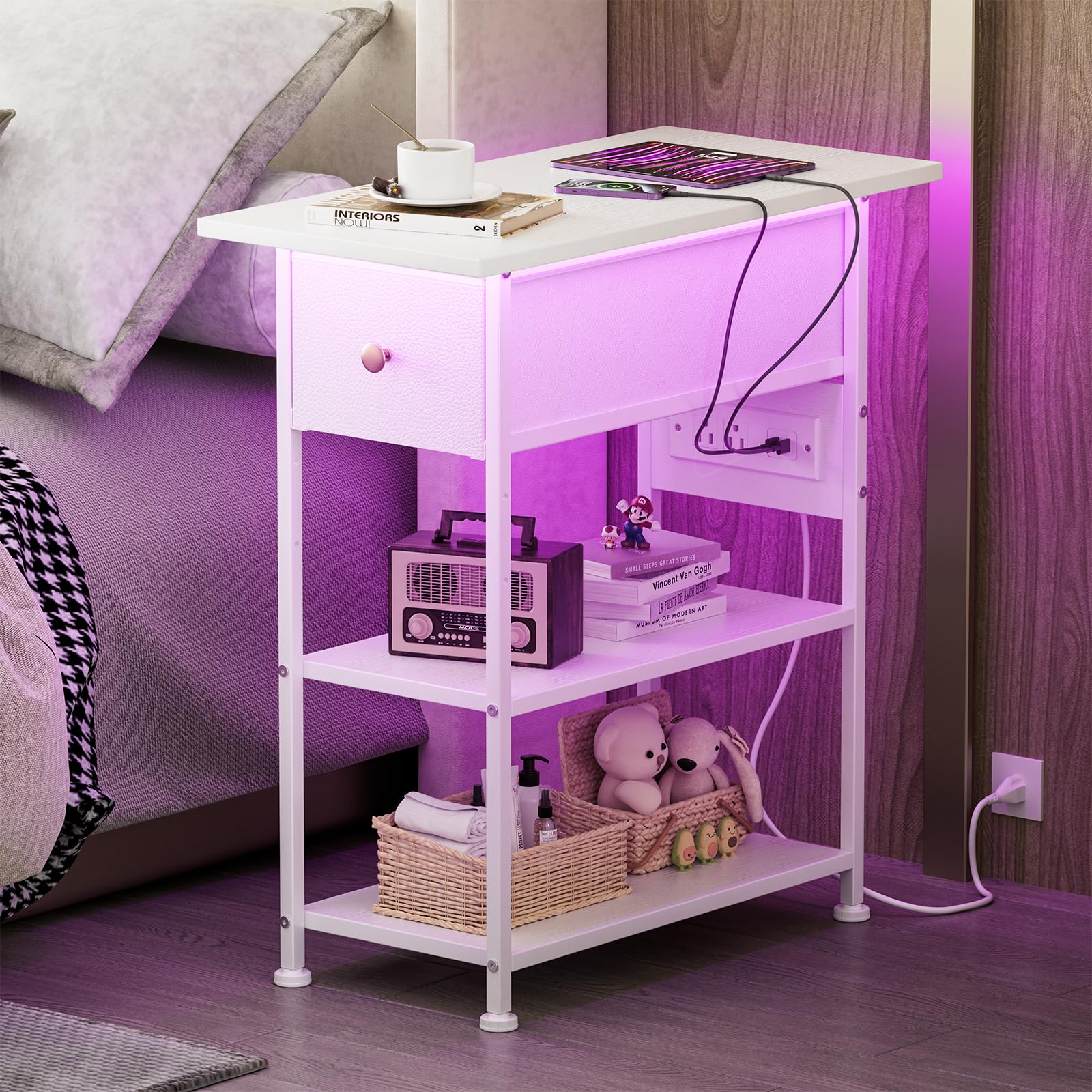 Slim Narrow End Table with USB Charging Station & LED Light - Skinny Nightstand with Drawer and Shelves - Modern White Side Table for Bedroom, Living Room, Small Spaces - Perfect for Apartment, Dorm, Studio & Office Use