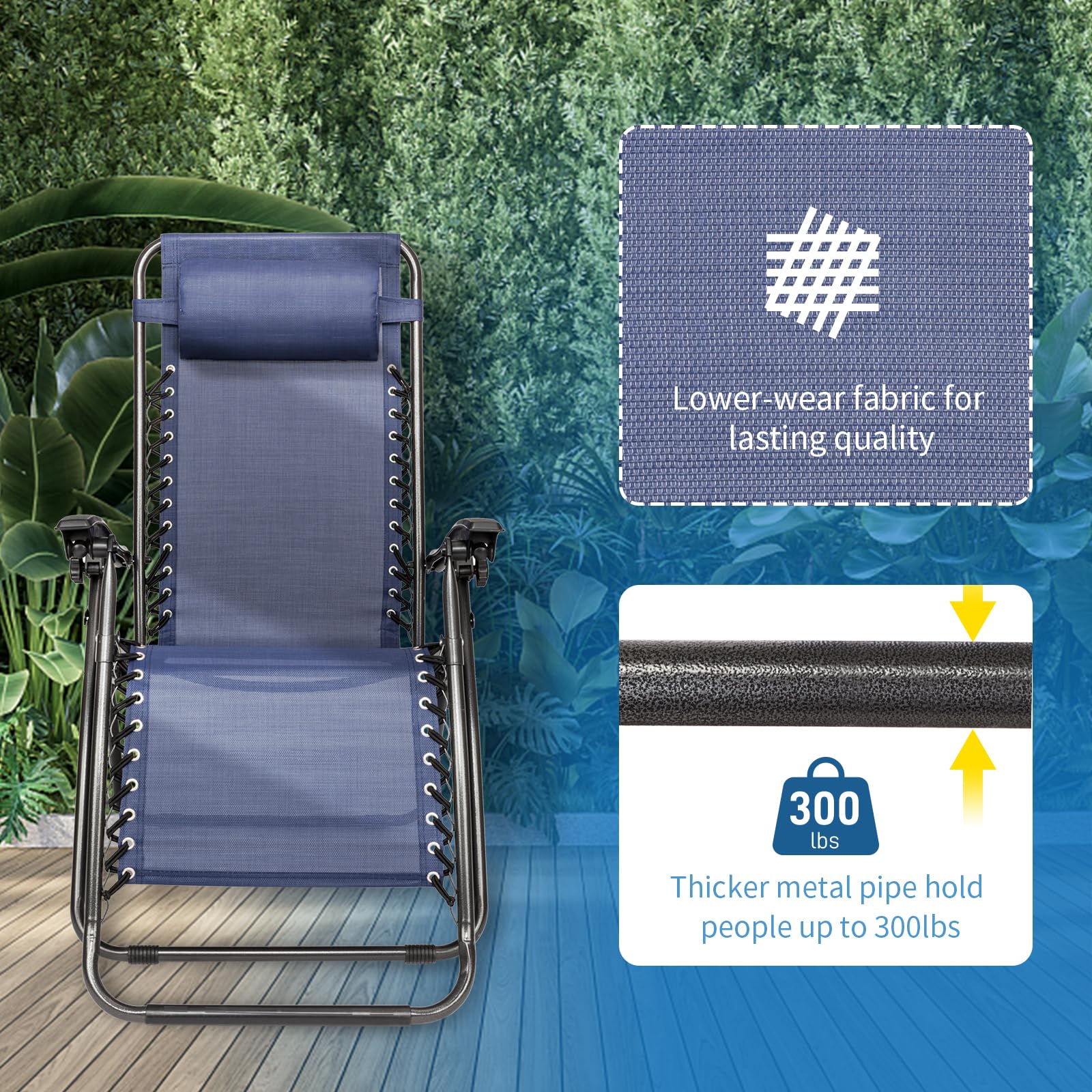 Bonnlo Infinity Zero Gravity Chair - Adjustable Folding Recliner with Pillow & Utility Tray - Outdoor Lounge Patio Chairs for Deck, Beach, Yard, Camping - Perfect for Relaxing, Sunbathing & Backyard Lounging (Blue, Pack of 2)