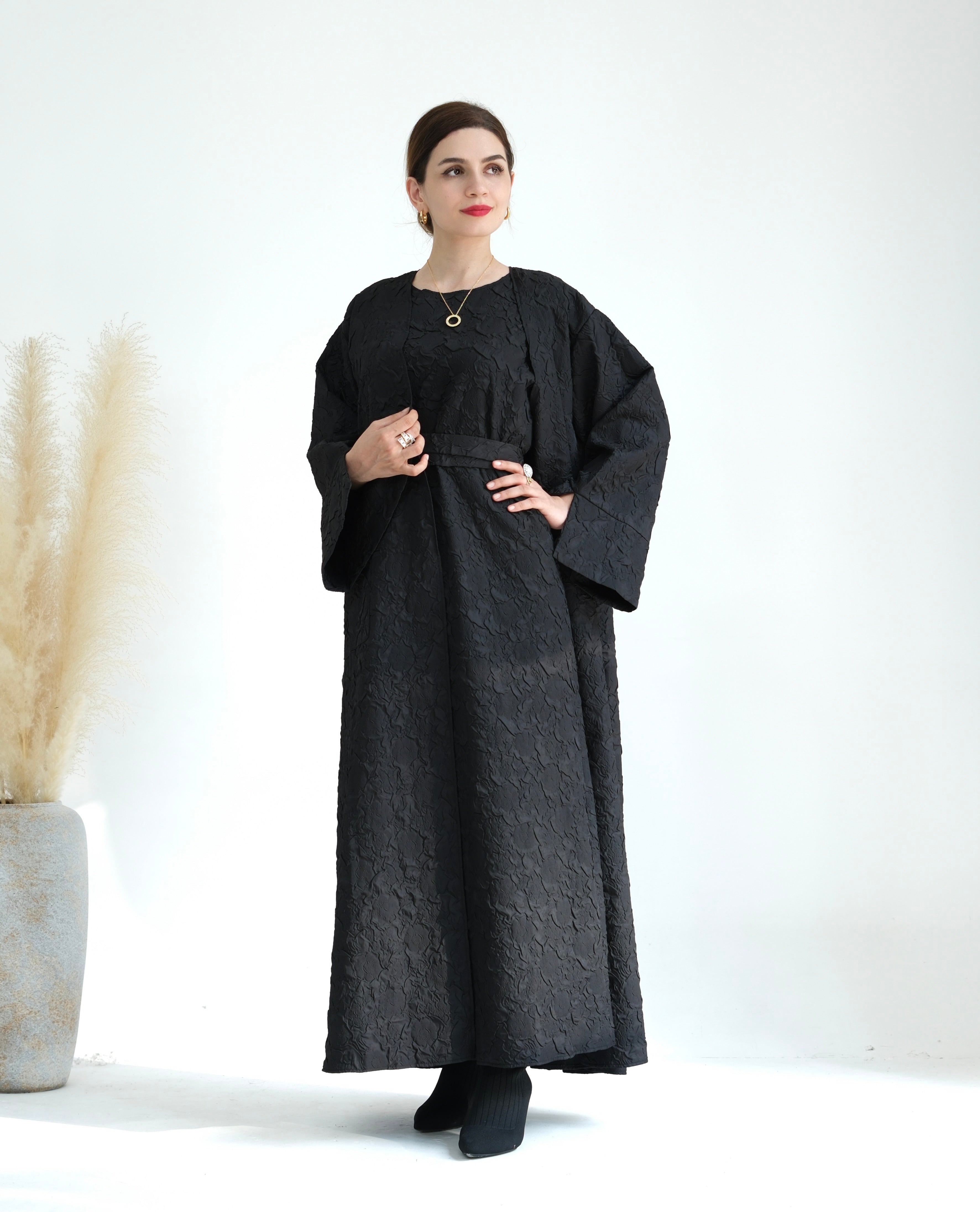 Elegant Black Eva Textured Abaya Set - Modest Islamic Dress for Women | Perfect for Prayer, Eid, and Special Occasions