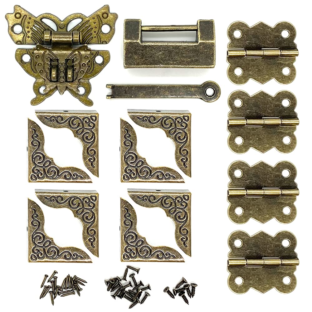 Antique Bronze Butterfly Hasp Latch Buckle - Vintage Padlock Lock Latches & Box Corner Protectors - Small Wooden Box Hardware Kit for Repair, Decorative Jewelry Box - Retro Design for DIY Projects, Home Decor, and Vintage Style Furniture Restoration