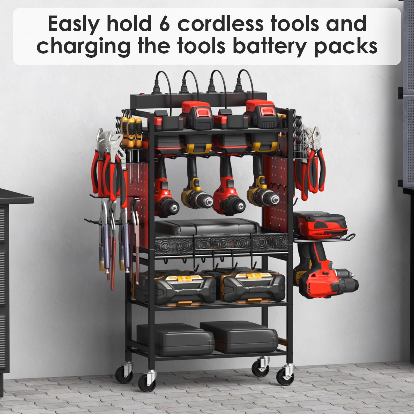 CCCEI Heavy-Duty Rolling Tool Cart with Charging Station - Mobile Garage Storage Organizer for Power Tools, Drills & Batteries - Utility Cart with Power Strip & Wheels for Mechanics & DIY Projects - Perfect for Workshop, Garage & Job Site Organization (Red)