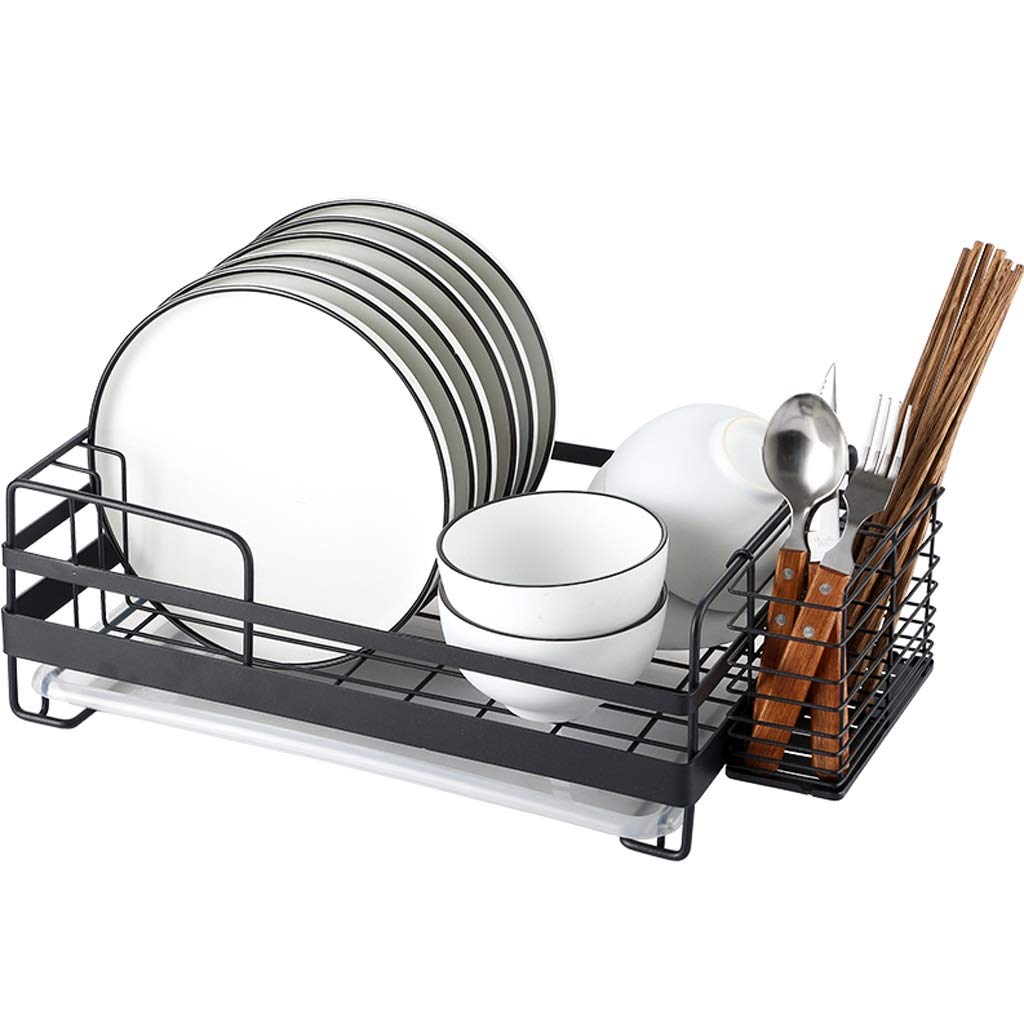 Kingrack Stainless Steel Dish Rack with Drainboard & Utensil Holder - Space Saving Kitchen Drying Rack for Dishes, Cups & Silverware - Perfect for Small Kitchens, Apartments & RVs (Black)