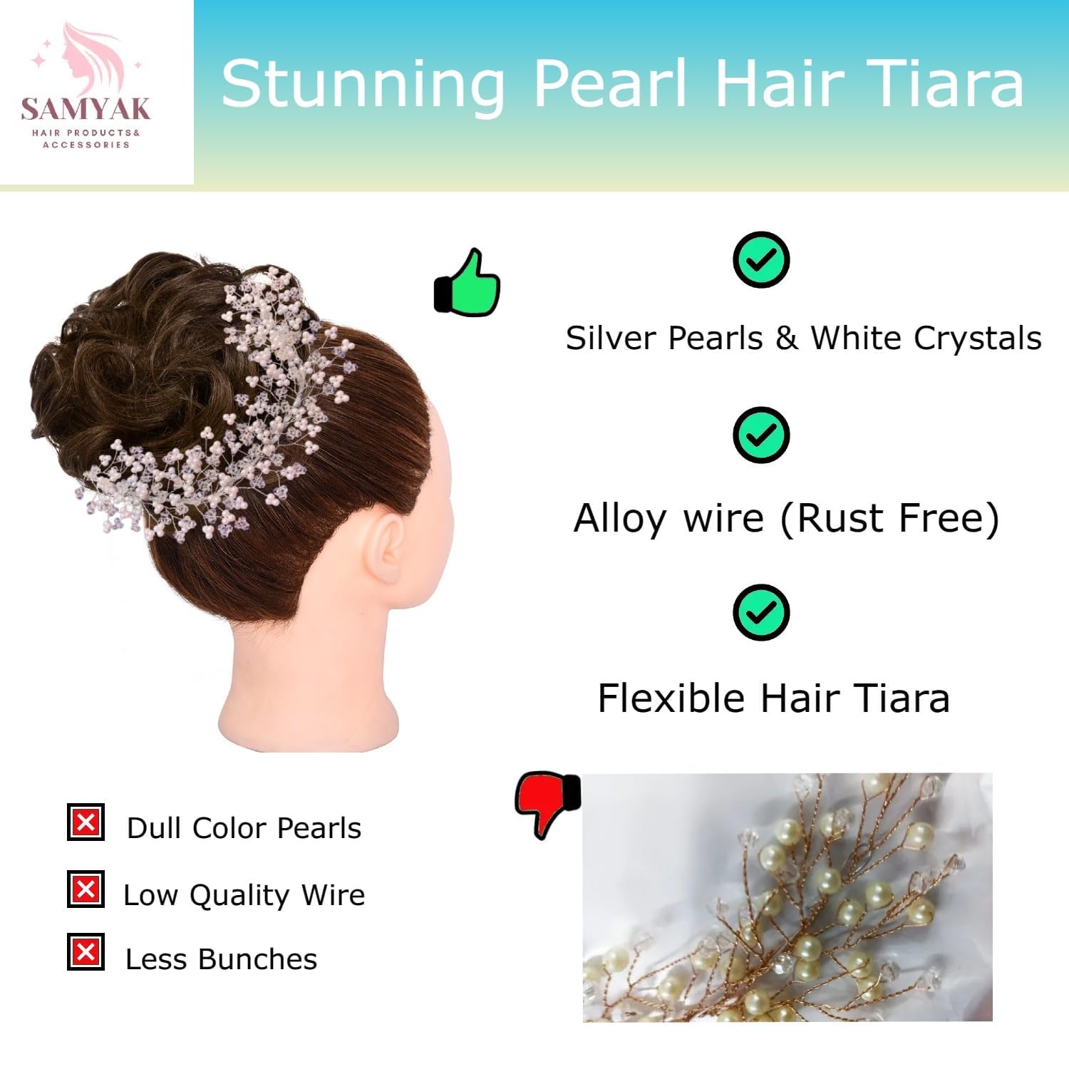Samyak Silver Crystal Pearl Hair Vine Tiara - Elegant Bridal Hair Accessory for Women | Wedding Headpiece, Bridesmaid Hair Jewelry, Hair Pin, Bun Clip | Perfect for Weddings, Prom, Parties & Special Occasions