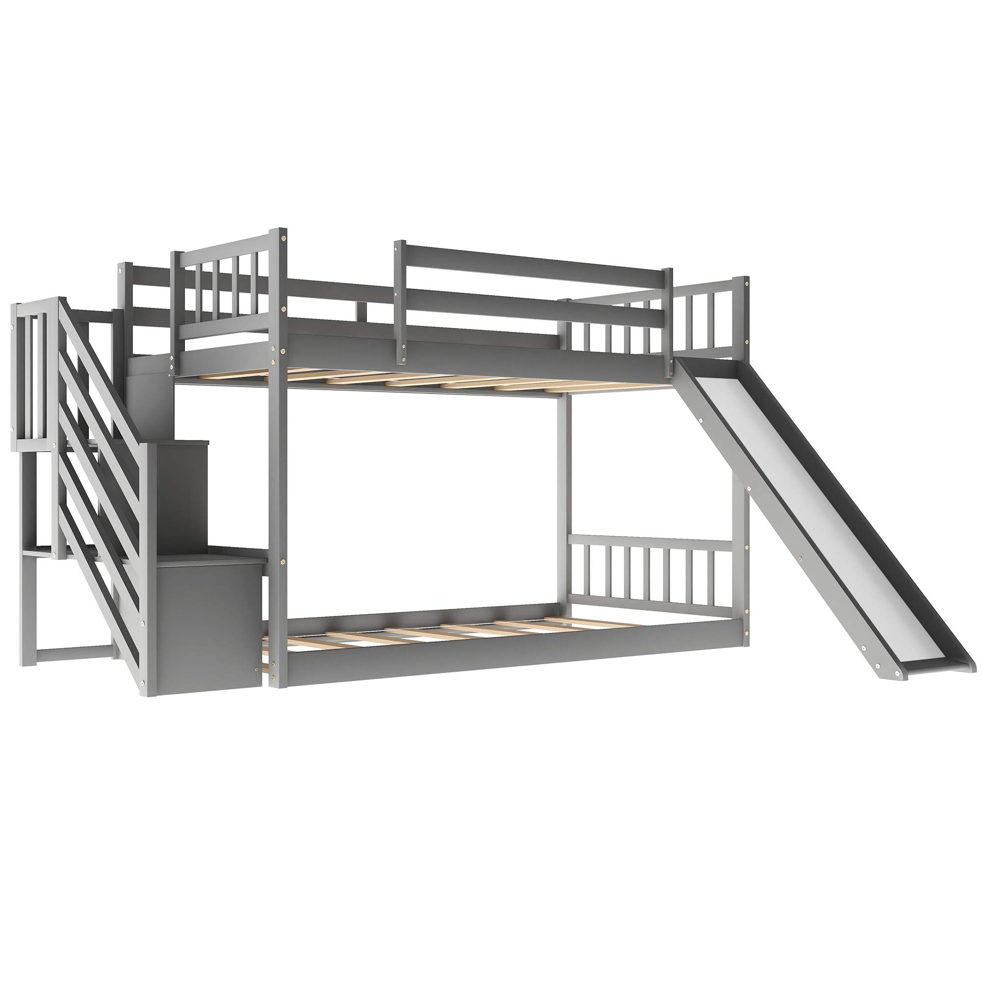 **Convertible Twin Over Twin Wood Bunk Bed with Slide & Stairway - Low Bunk Bed for Kids, No Spring Box Needed (Gray) - Perfect for Small Bedrooms & Shared Kids' Rooms**