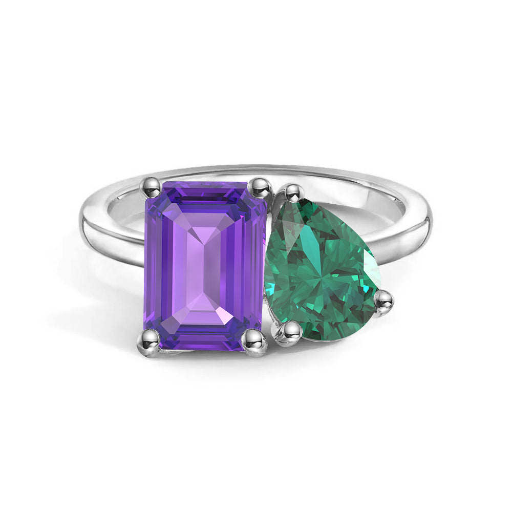 Personalized Toi et Moi Amethyst Birthstone Ring - Custom Anniversary Jewelry for Couples, Gift for Her, Romantic Proposal & Wedding Band
