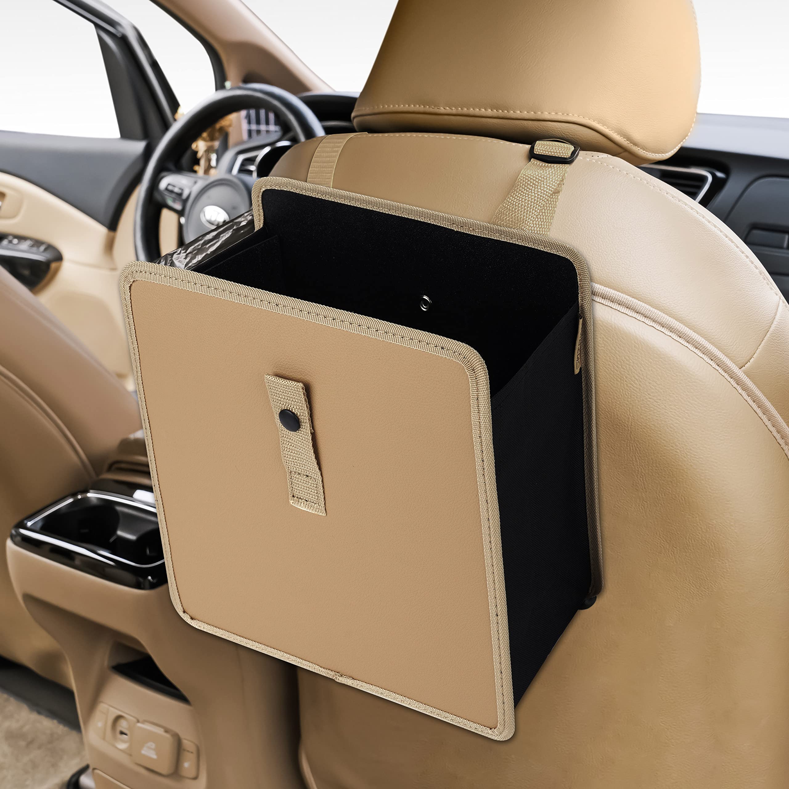 Foldable Hanging Car Trash Can - Vegan Leather & Oxford Fabric Collapsible Car Garbage Bin - Large Beige Car Organizer for Road Trips, Commuting & Travel Accessories
