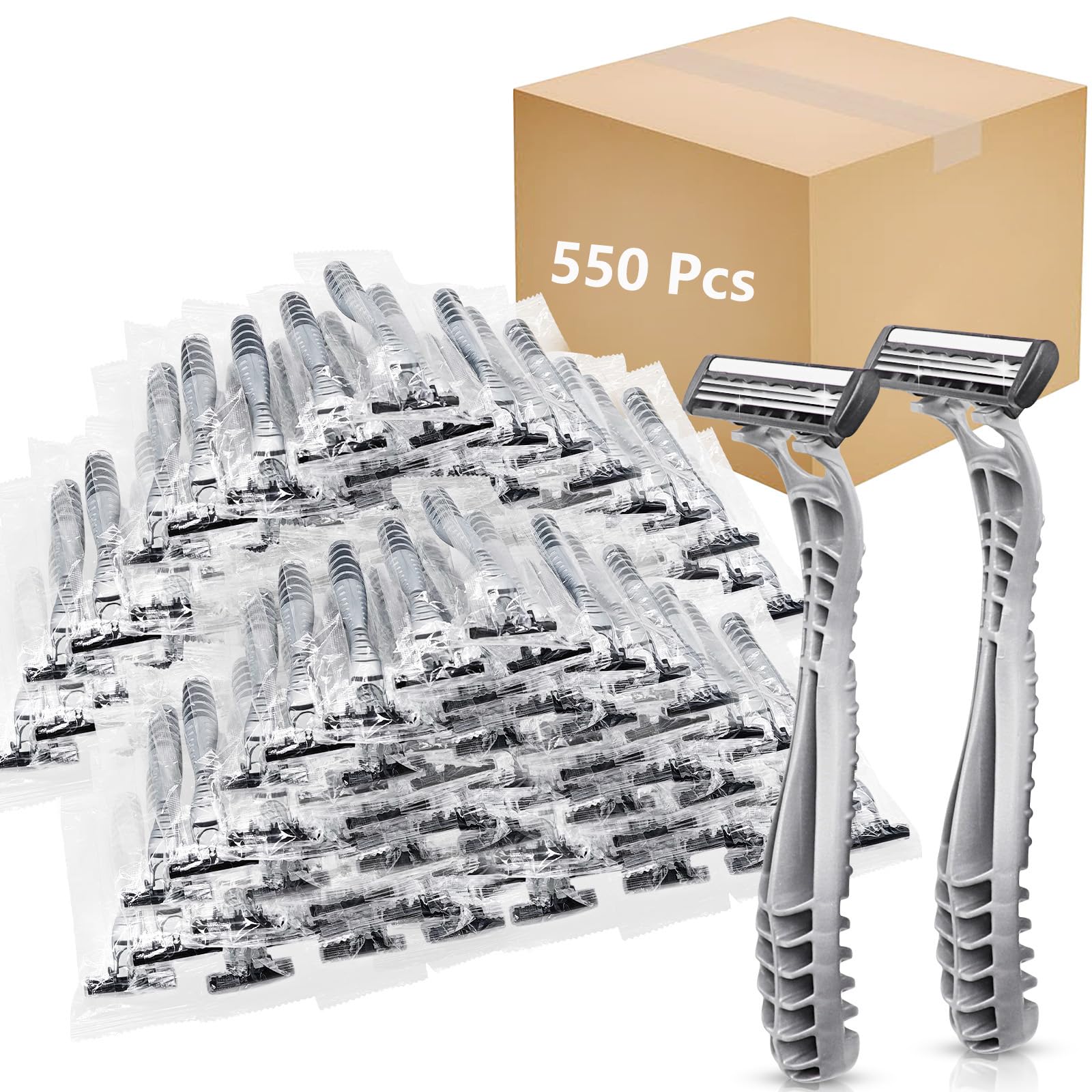 550 Pack Kheoxusa 3-Blade Disposable Razors - Individually Wrapped Triple Blade Razors for Men & Women - Perfect for Travel, Hotels, Airbnb, Tattoo Aftercare, Grooming & Personal Hygiene (Silver)