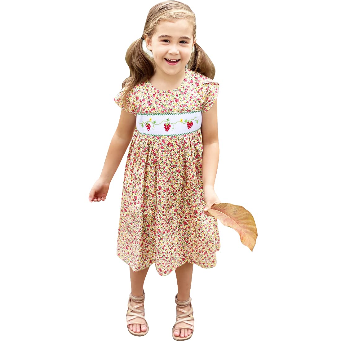 Adorable Strawberry Print Hand-Smocked Cotton Dress for Baby & Toddler Girls | 100% Woven Cotton | Perfect for Spring & Summer Outings, Birthday Parties & Photo Shoots